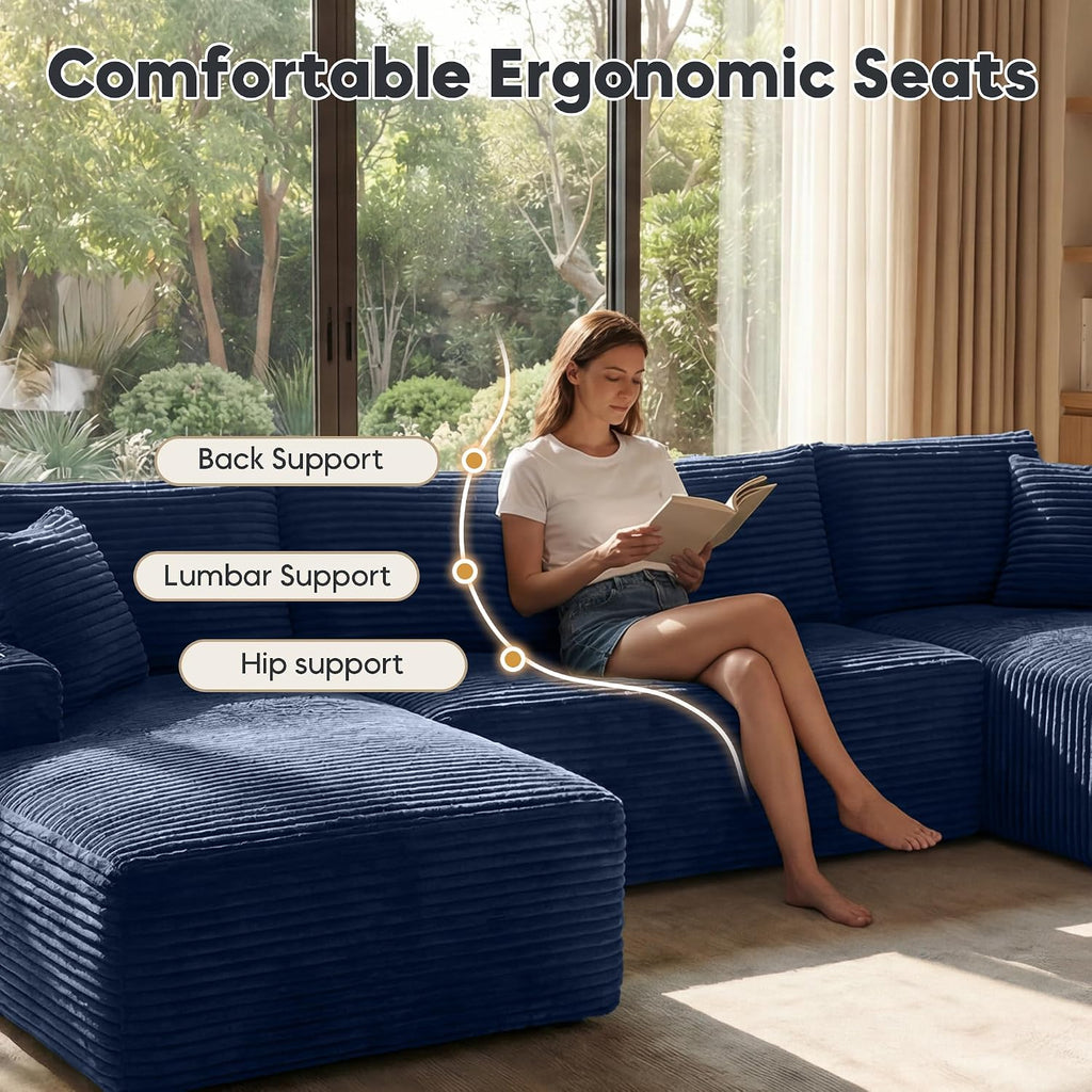125' Oversized Cloud Boneless Couch with Chaise, Modern Modular Sofa with Deep Seat, Corduroy Upholstered U Shaped Couch for Living Room, No Assembly Required (Blue)