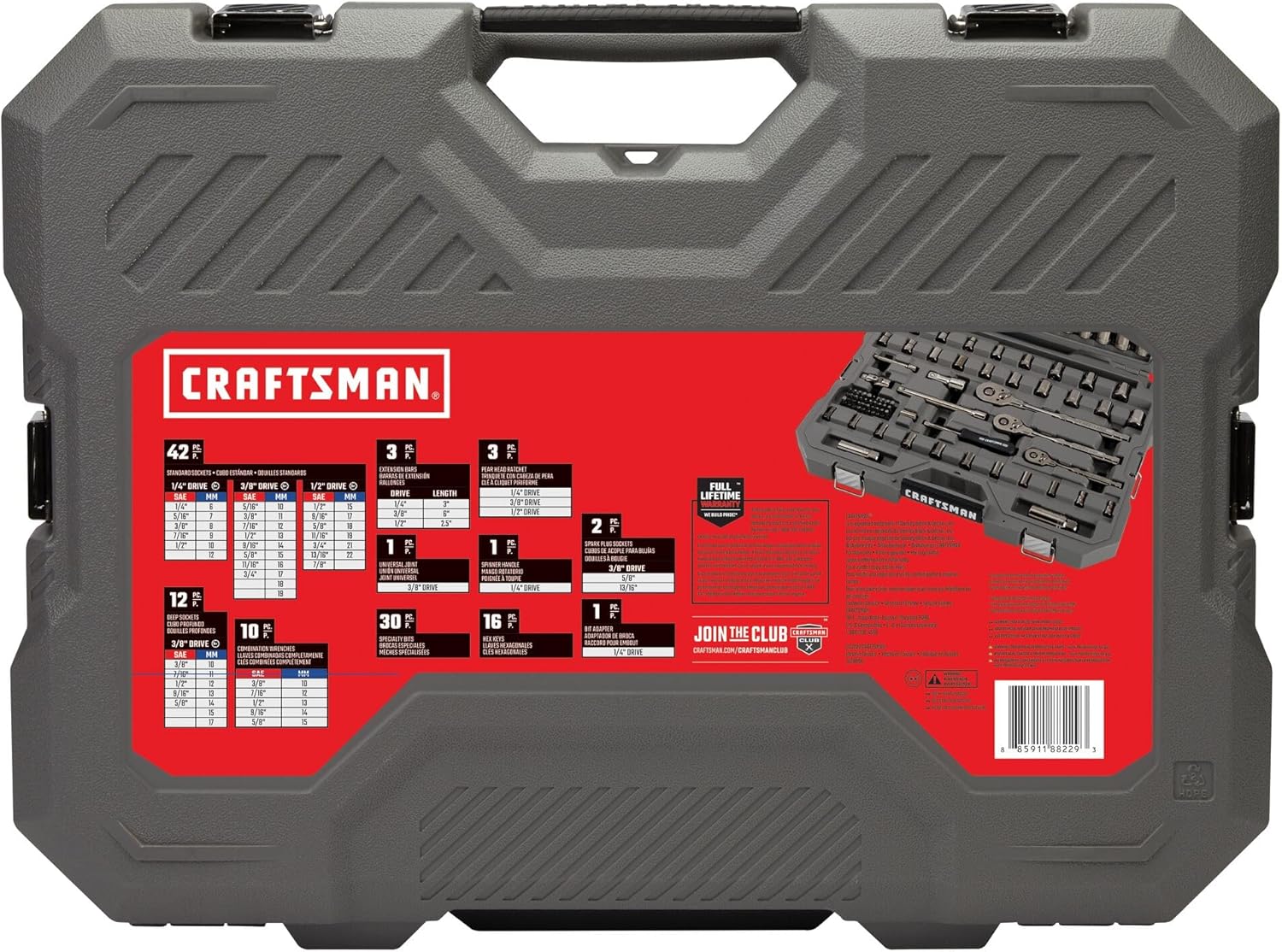 CRAFTSMAN OVERDRIVE 121-Piece Gunmetal Chrome Mechanics Tool Set, Standard SAE/Metric Socket Set, with Hard Case (CMMT99121L)