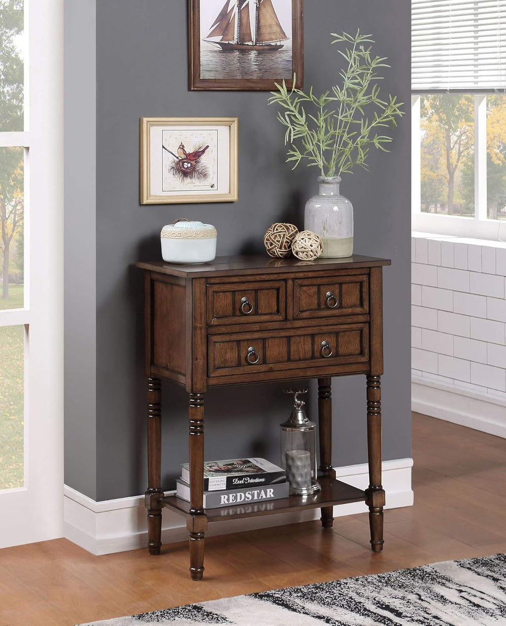Convenience Concepts Kendra Entryway Hall Table 23.75' - 3 Storage Drawers, Traditional Console with Shelf for Decor, Office & Hallway Organizer, No Tools Assembly, Solid Wood Legs, Dark Oak