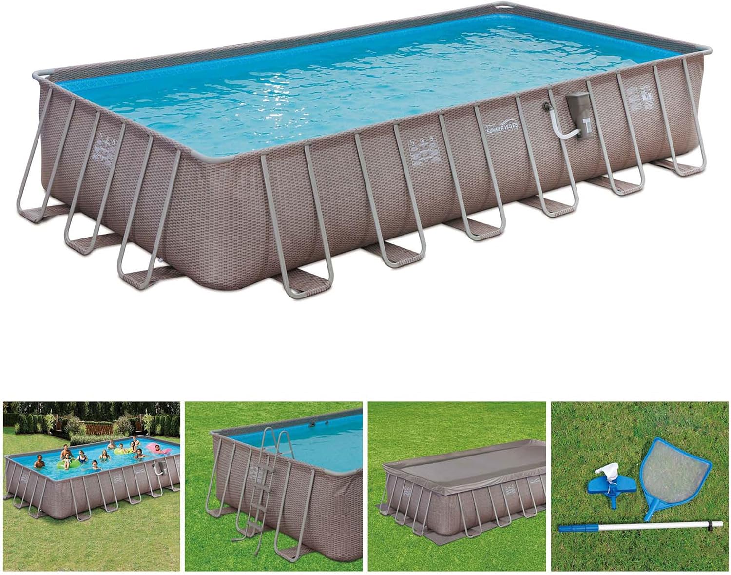 Summer Waves Elite 24' x 12' x 52' Outdoor Rectangular Frame Above Ground Swimming Pool Set with Filter Pump, Cover, Ladder and Ground Cloth, Brown