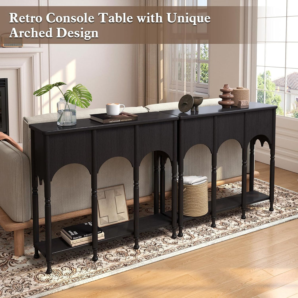 40' Console Table with Storage Shelf, Retro Entryway Table, Wooden Sofa Table with Roman-Style Legs for Living Room, Hallway, Black