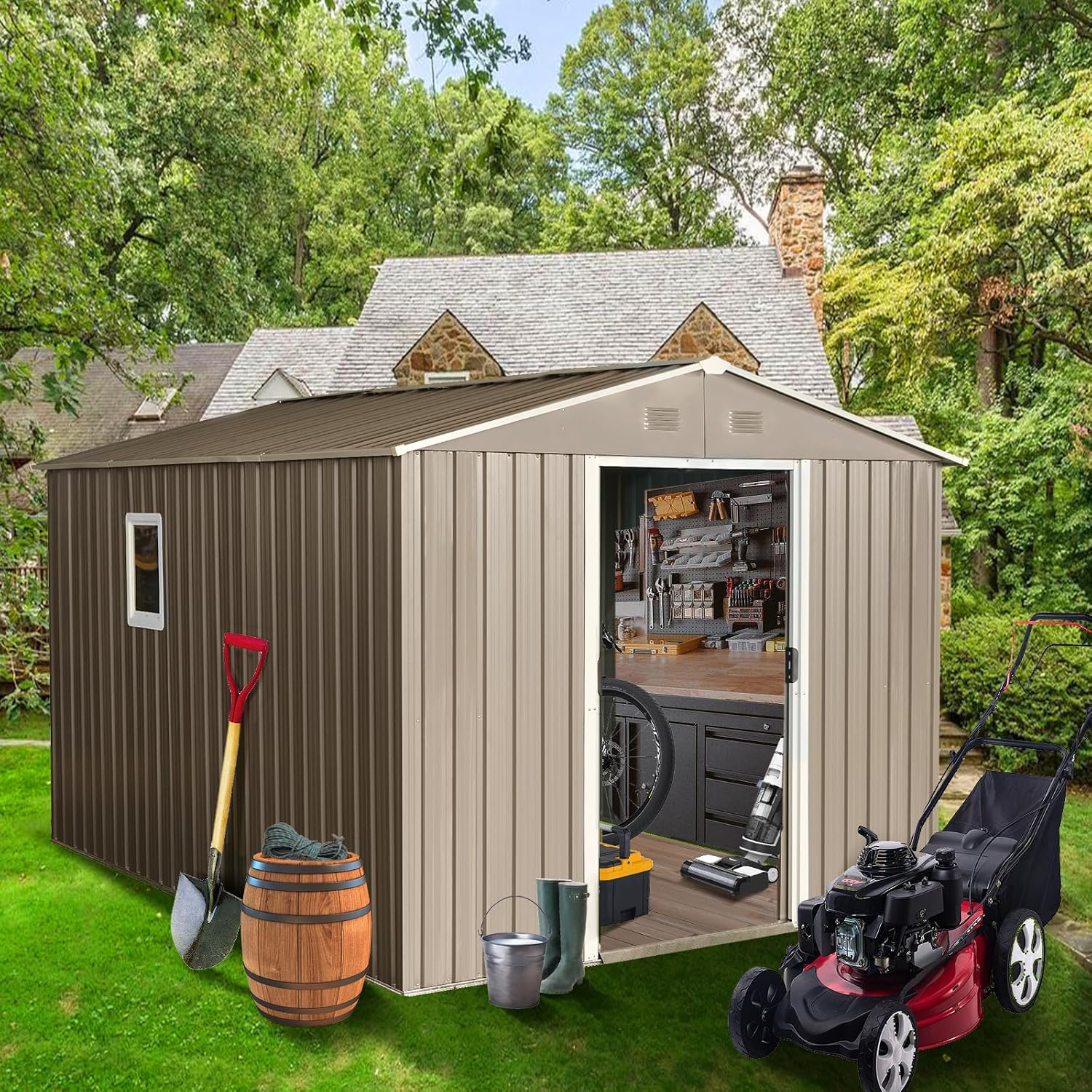 8x10 ft Outdoor Metal Storage Shed with Floor Foundation and Window, Lockable Galvanized Steel Tool Shed with Sliding Door and Air Vent, Waterproof Garden Storage House for Backyard, Patio