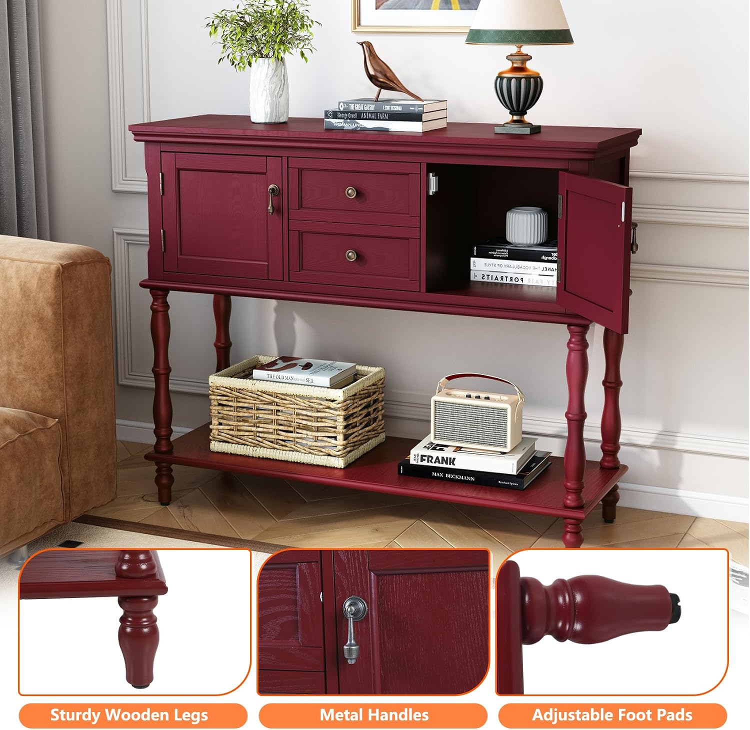 ARTPOWER Console Table with 2 Drawers, Retro Entryway Table with 2 Door Cabinets and Open Storage Shelf, Narrow Long Behind Couch Sofa Table for Living Room, Foyer, Hallway, Red
