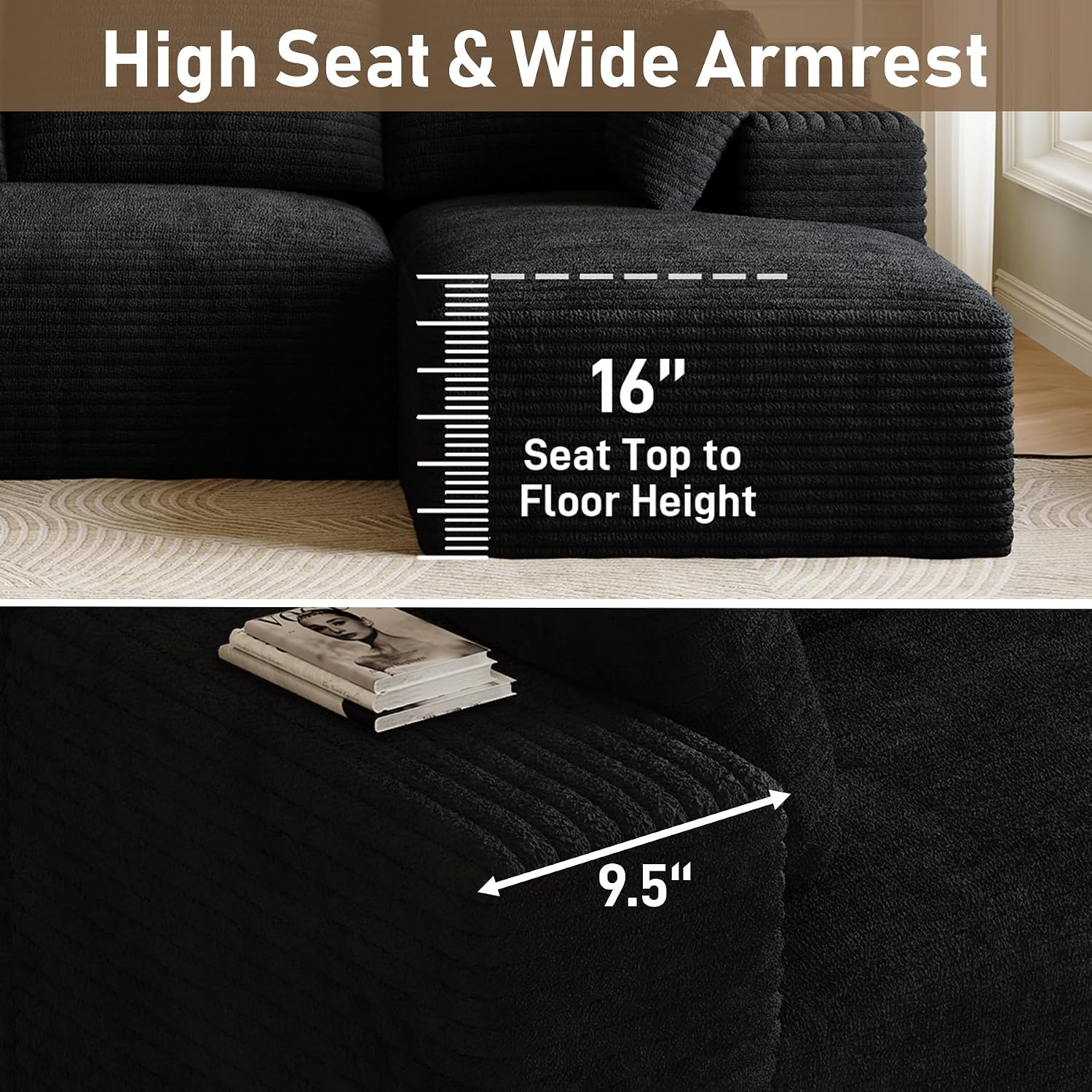 Cloud Sectional Couch Modular Sectional Sofa, 95.5' Comfy Fluffy Black L Shaped Boneless Couches for Living Room, Deep Seat Plush Corduroy Memory Foam Couch with Right Facing Chaise Sofa