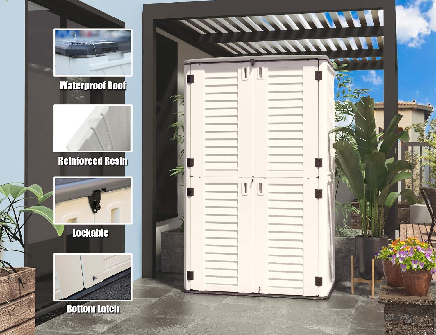 ADDOK Outdoor Storage Cabinet Waterproof,Outdoor Storage Sheds with Floor, Double-Layer Storage Shed for Patios/Generator/Long-Handled Tools (ivory/52 Cu.Ft)