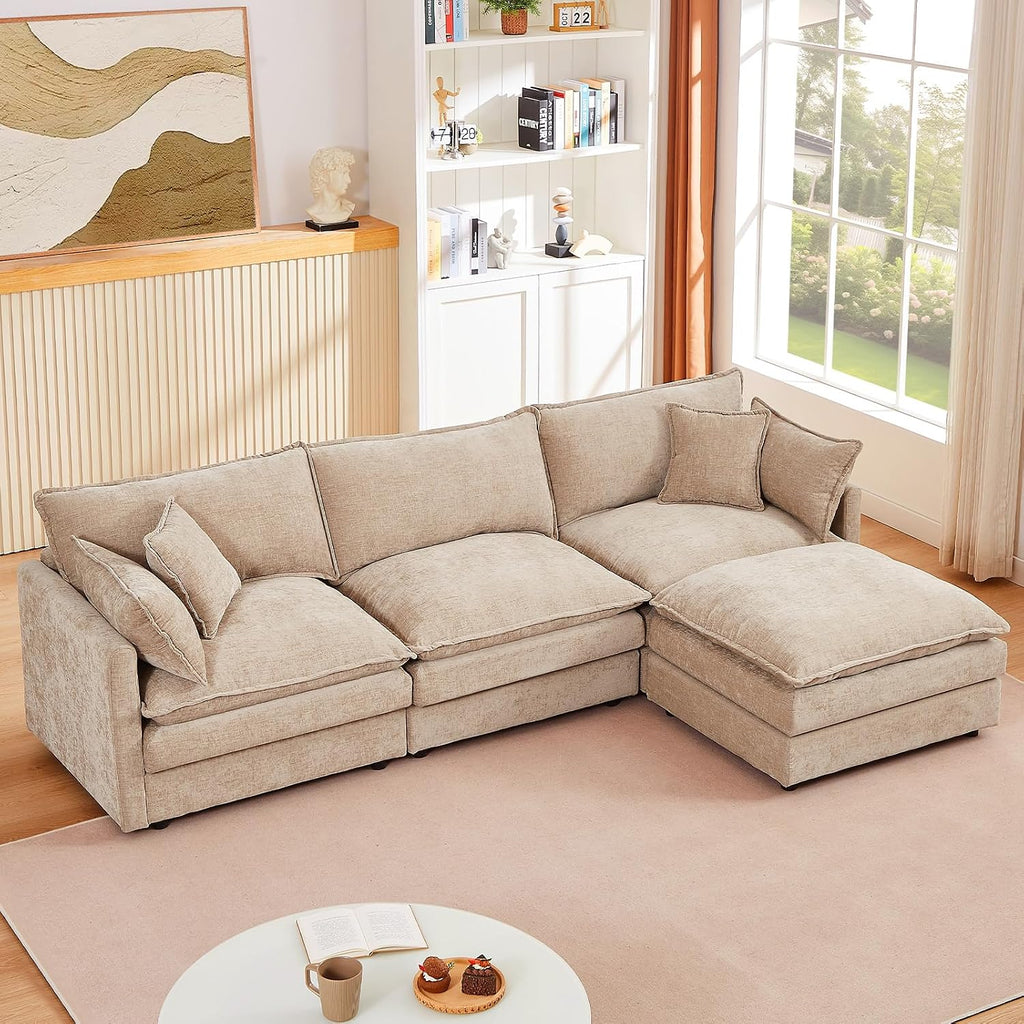 GNIXUU 102' Modular Sectional Sofa, L Shaped Cloud Couch with Movable Ottoman & 4 Pillows, Deep Seat Chenille 4 Seater Sectional Couches for Living Room, Apartment (Camel)