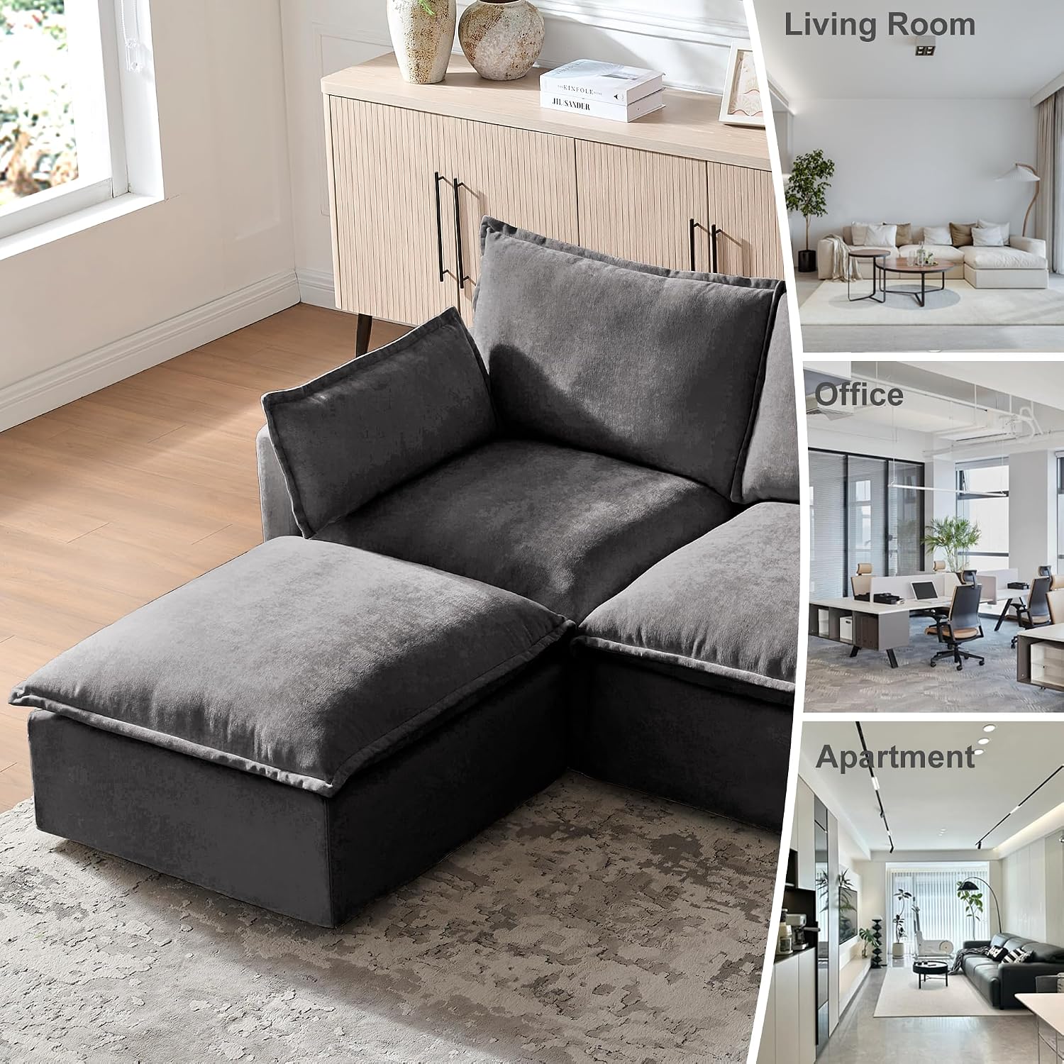 HDX Modular Sectional Sofa, L-Shaped Couch Sofa with 4 Seats and Pillows for Living Room, Modern Minimalist Chenille Fabric Large Comfy Cloud Furniture Sets (Gray) | Chenille Fabric, With Pillows, Cloud Furniture, Modern Minimalist, Living Room