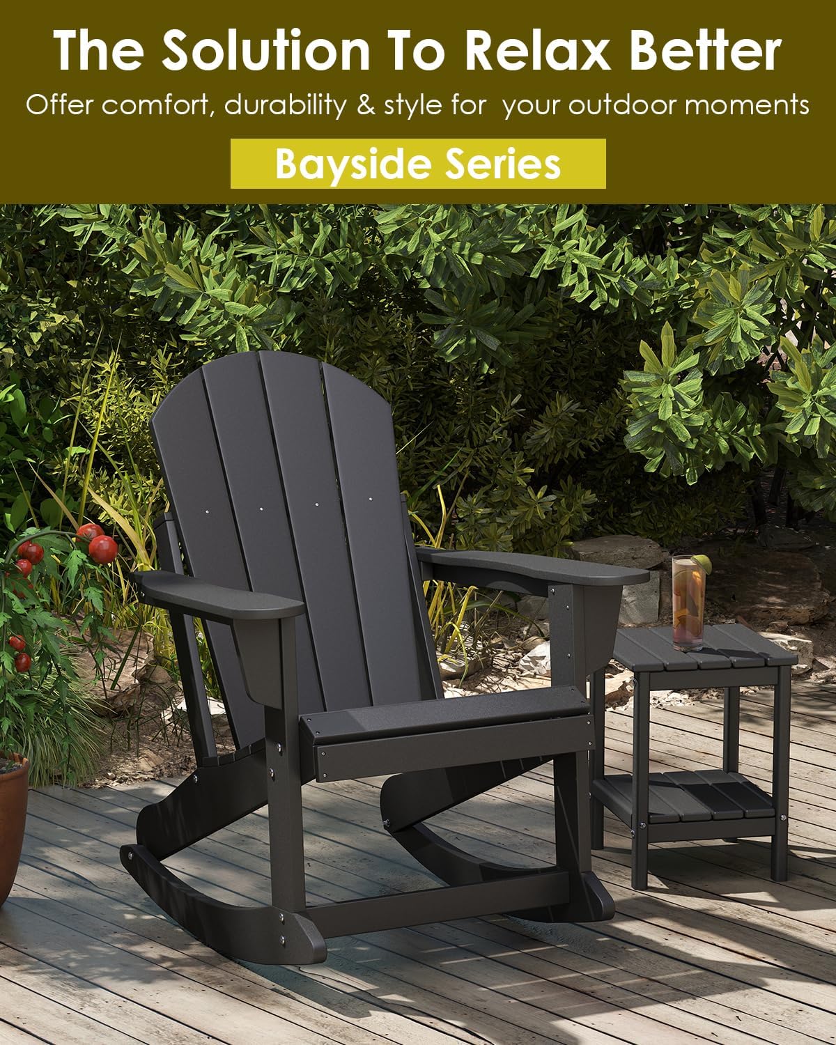GREENVINES Adirondack Rocking Chairs Set of 2 | HDPE Plastic | Porch Rocker | Chair for Patio Outdoor Deck | All Weather | Black