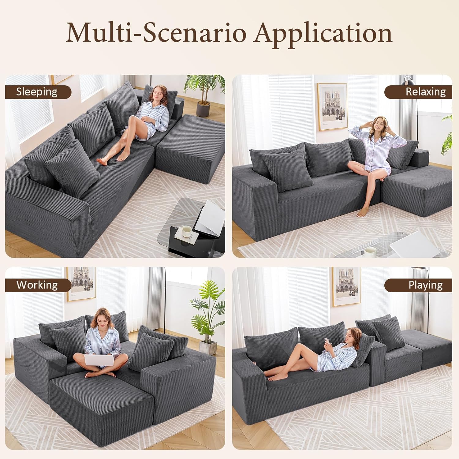 INGEROOM 108' Cloud Sectional Couch with L-Shape Chaise, Modular Sofa Memory Foam, Boneless Sofa with Movable Ottoman, Upholstered Couches for Living Room Bedroom, No Assembly Required, Dark Gray