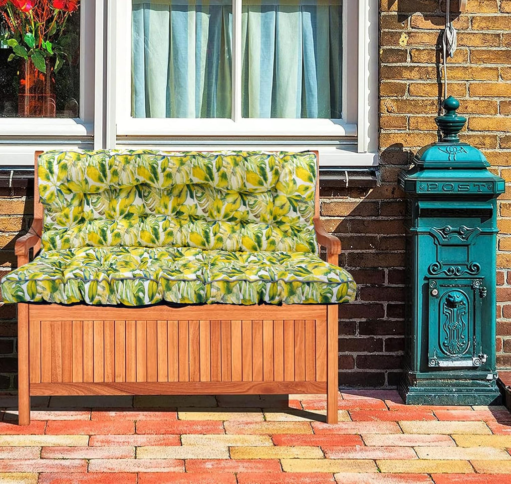 Waterproof Porch Swing Cushion Replacement, 2–3 Seat Swing Seat Cushion with Backrest & Ties, Thick Outdoor Bench Cushion for Patio Garden Porch (Botanical Yellow, 40 x 63 in)