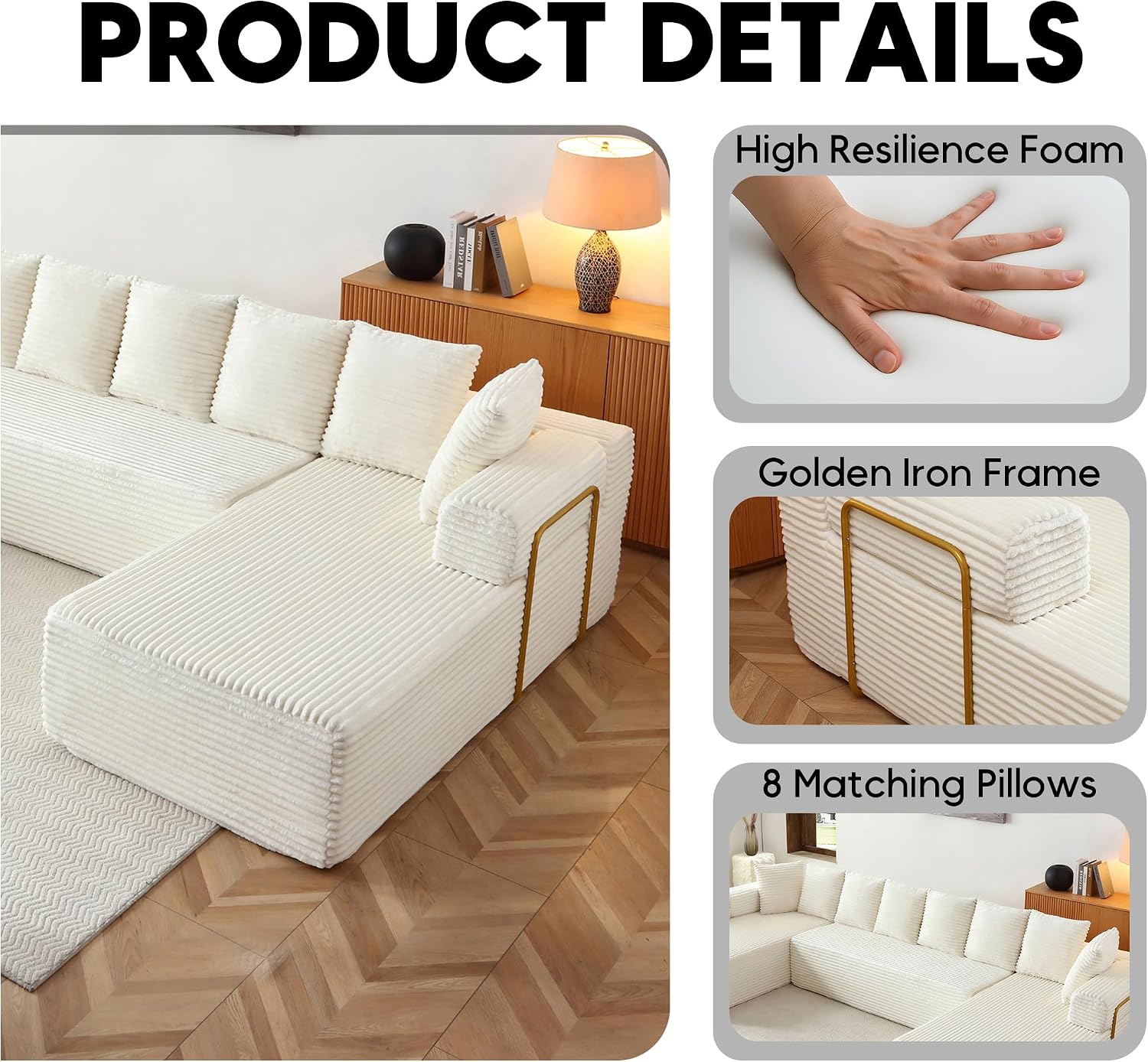 Oversized Cloud Boneless Couch with Chaise, 145' Modern U Shape Modular Deep Seat Sectional Sofa, Comfy Corduroy Upholstered Couches for Living Room, No Assembly Required, Beige White