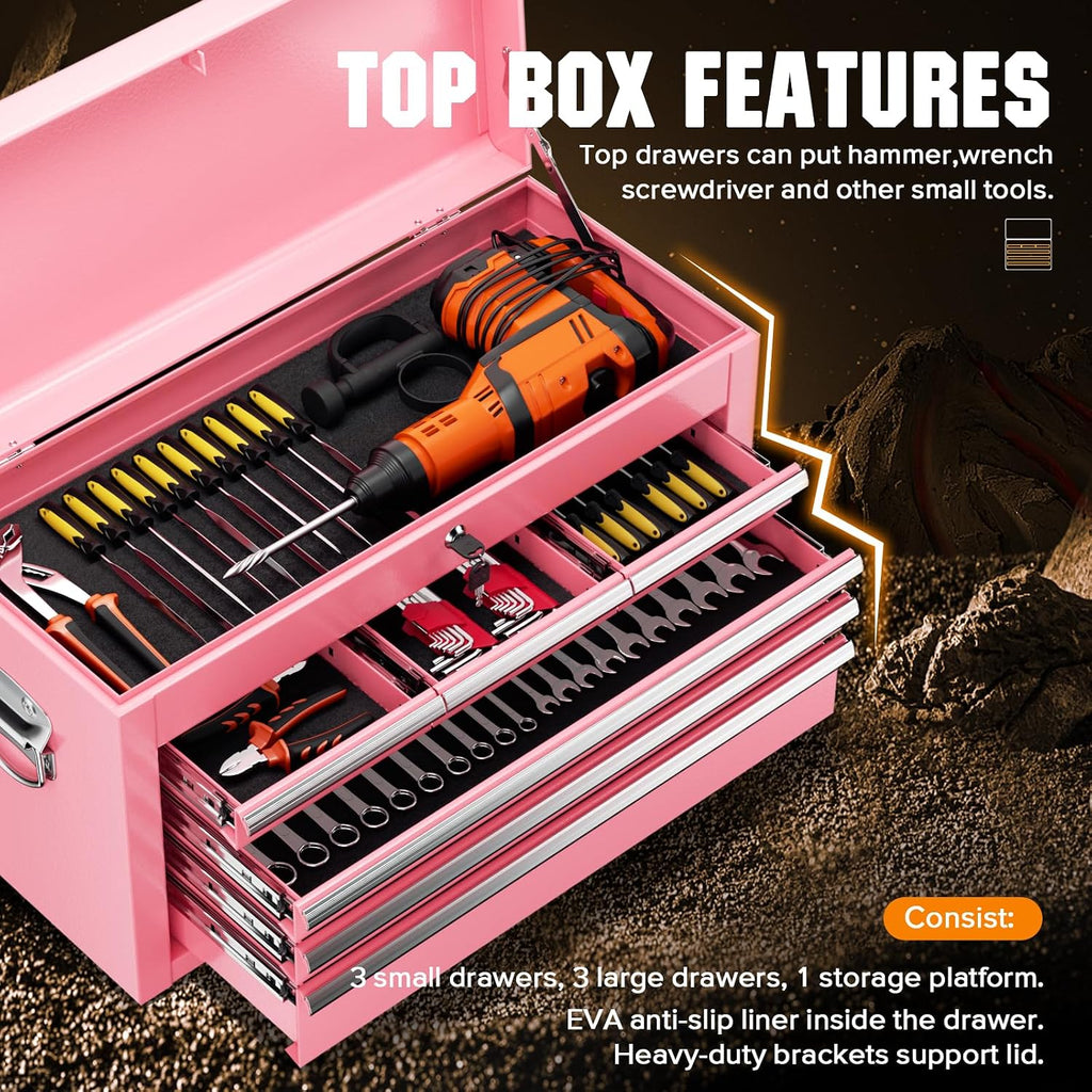 Crownland 8 Drawer Rolling Tool Chest with Wheels, Lockable 2 in 1 Detachable Tool Cabinet wit Drawers and Black Liners, Garage Top Toolbox and Bottom Storage Cart with Side Hooks,Pink