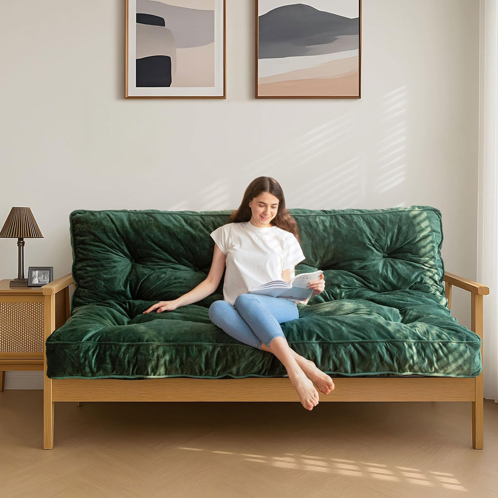 MAXYOYO 6' Futon Mattress Full Size, Velvet Thick Futons Sofa Couch, Versatile Floor Mattress for Adults (Frame Not Included), Green