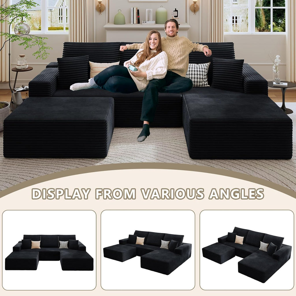 107' Cloud Sectional Couch with U-Shaped Chaise, Corduroy Sectional Sofa with Ottoman, Boneless Couch with Deep Seat in a Box for Living Room, No Assembly Required (Black, Right Facing Chaise)