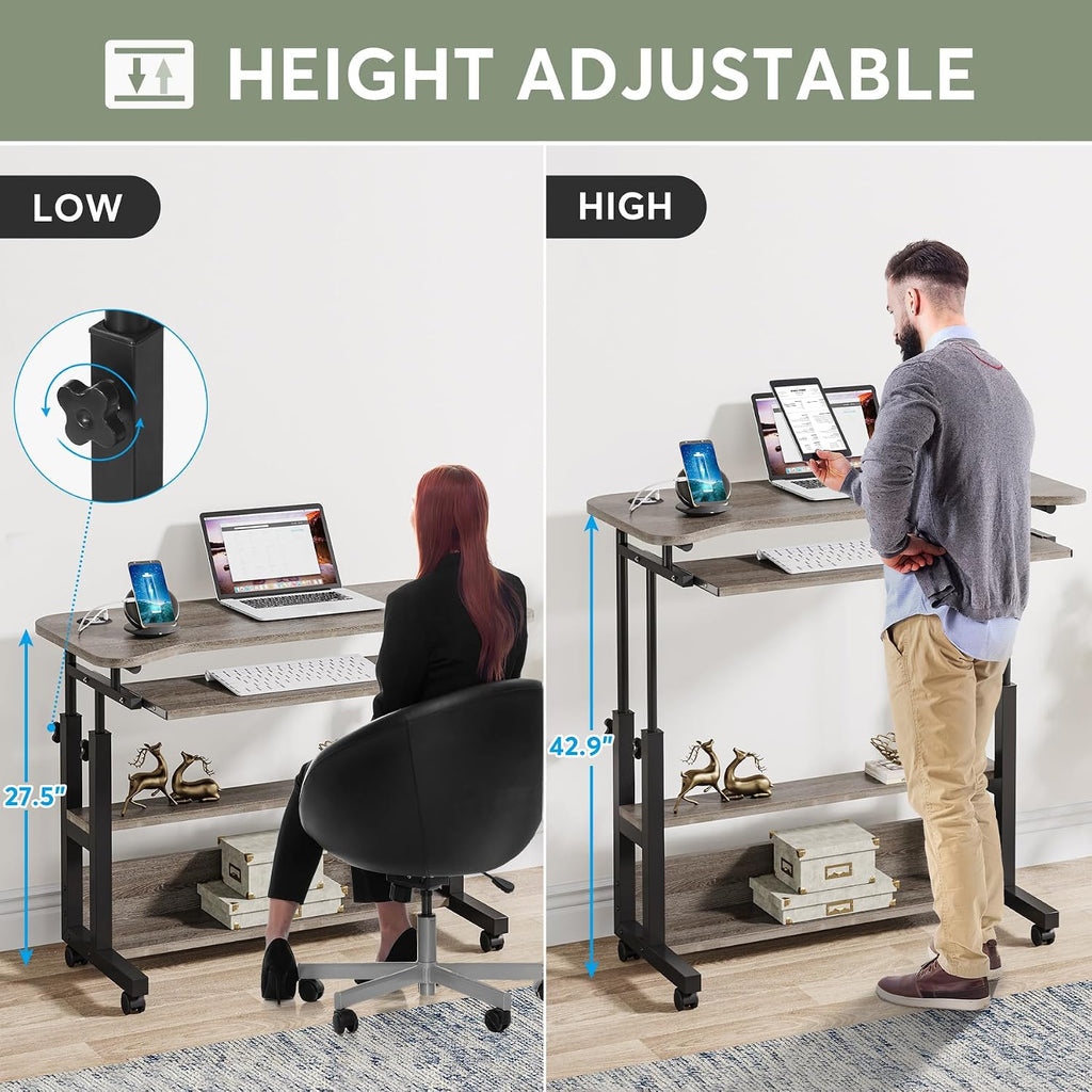 Tribesigns Portable Desk with Power Outlets, Height Adjustable Side Table Sofa Couch Bedside Laptop Computer Cart with USB Charging Ports, Mobile Small Standing Desk with Keyboard Tray