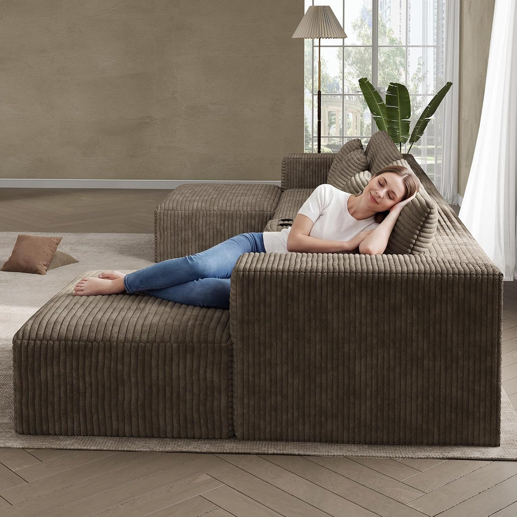 152' Oversized U Shaped Cloud Couches for Living Room, Fluffy Large Modular Sectional Sofa Set with Ottoman Chaise Comfy Corduroy Brown Boneless Couch with Cup Holder USB Port