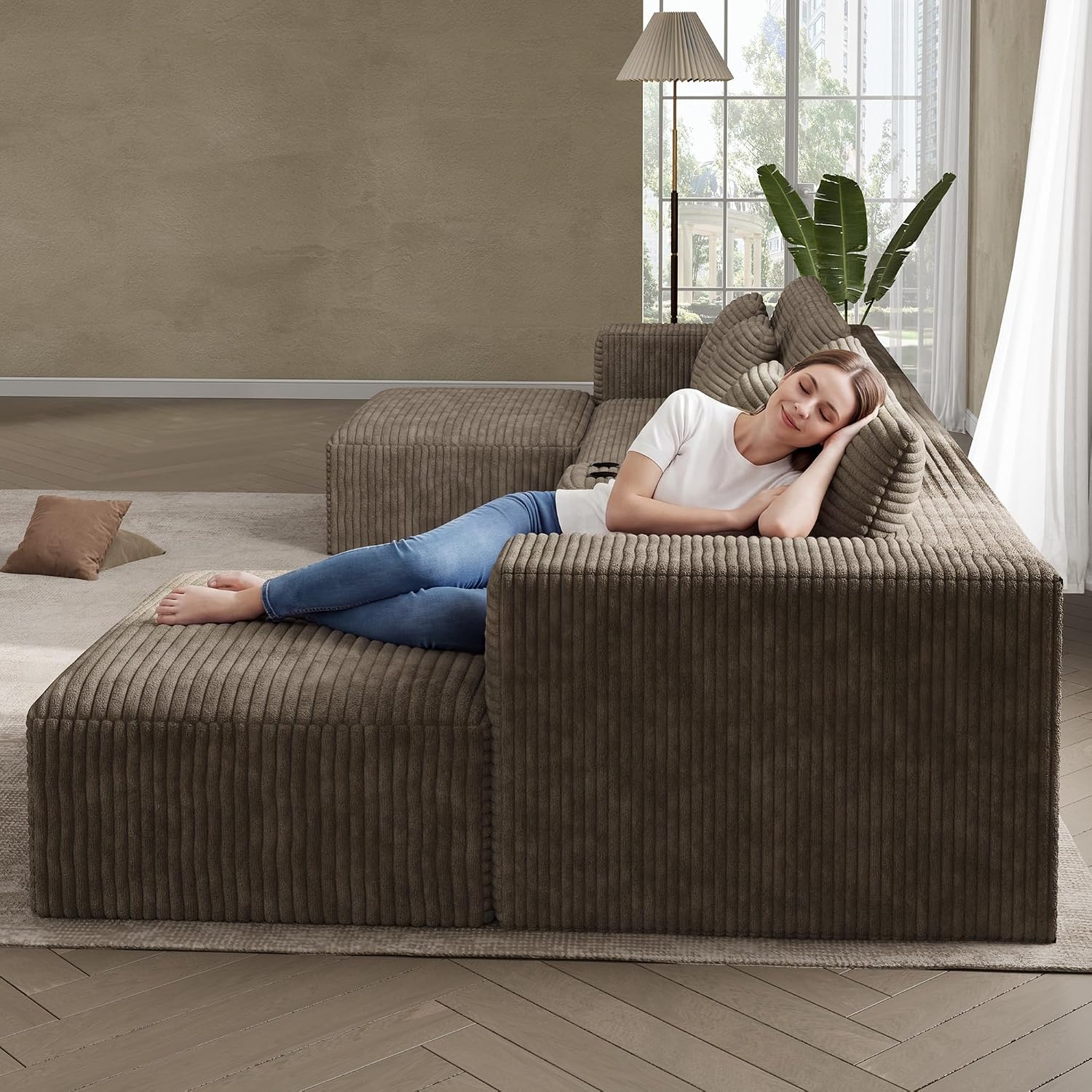 152' Oversized U Shaped Cloud Couches for Living Room, Fluffy Large Modular Sectional Sofa Set with Ottoman Chaise Comfy Corduroy Brown Boneless Couch with Cup Holder USB Port
