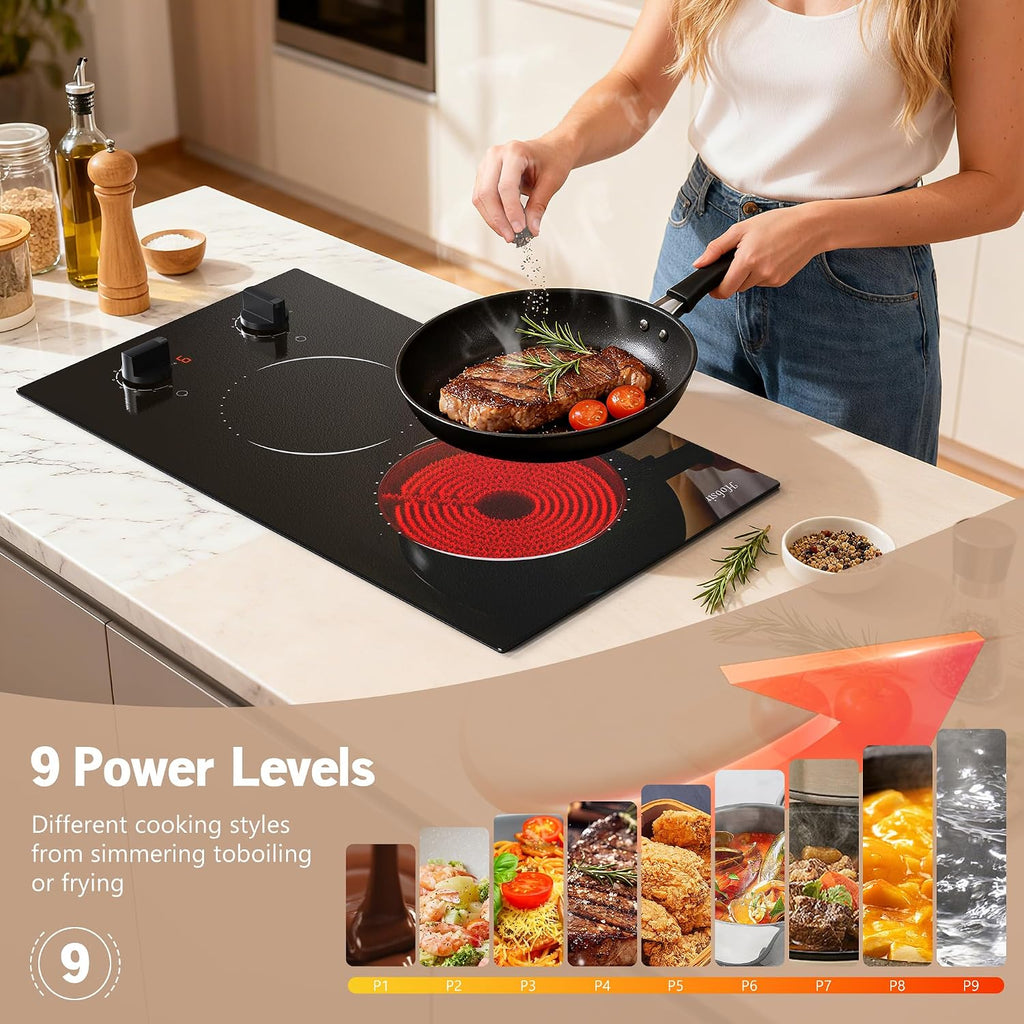 Hobsir 2 Burner Electric Cooktop 110v, Plug in Electric Stove Top, 2000W Electrical Stove Top Burner, 12 Inch Countertop & Built-in Ceramic Cooktop, Knob Control, 9 Power Level