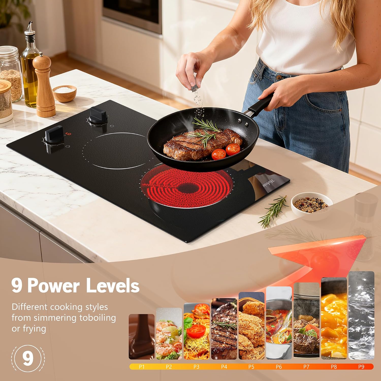 Hobsir 2 Burner Electric Cooktop 110v, Plug in Electric Stove Top, 2000W Electrical Stove Top Burner, 12 Inch Countertop & Built-in Ceramic Cooktop, Knob Control, 9 Power Level