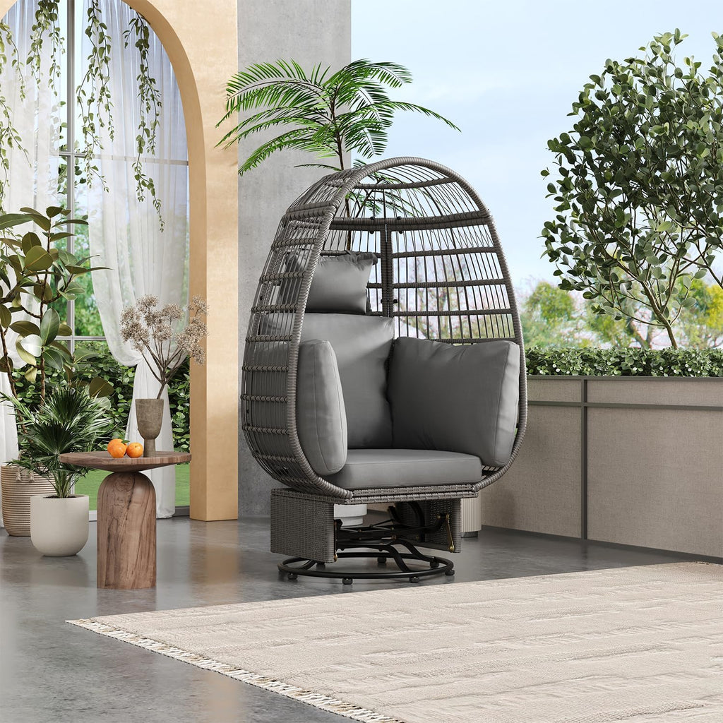 Outdoor Swivel Chair with Cushions, Rattan Egg Patio Chair with Rocking Function for Balcony, Poolside and Garden