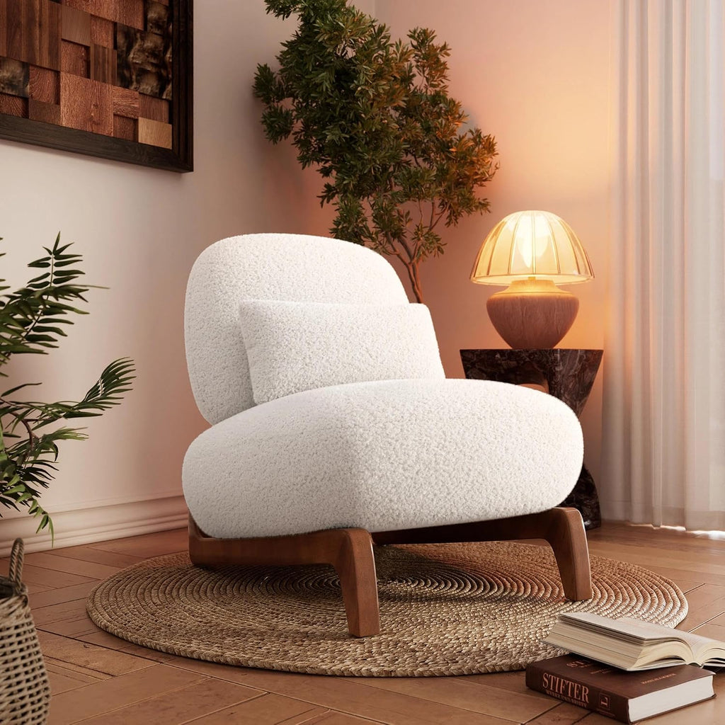 Morden Fort Modern Boucle Armless Accent Chair, Tilted Wood Legs, Thick Cushion, Lumbar Pillow, Off White, Living Room