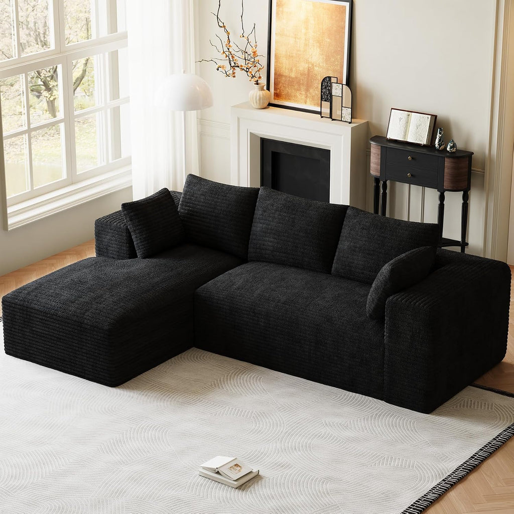 107' L-Shaped Boneless Sectional Couches for Living Room, Comfy Corduroy Fluffy Cloud Couch, Deep Seat Memory Foam Plush Modular Sectional Sofa with Left-Facing Chaise, No Assembly, Black