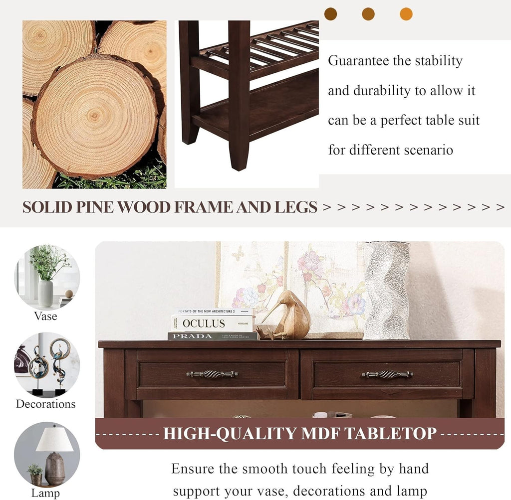 LKTART Solid Wood Console Table Sofa Tables with Drawers and Shelves Small Entryway Table for Living Room,Behind the Couch Table,Foyer(42' Espresso)