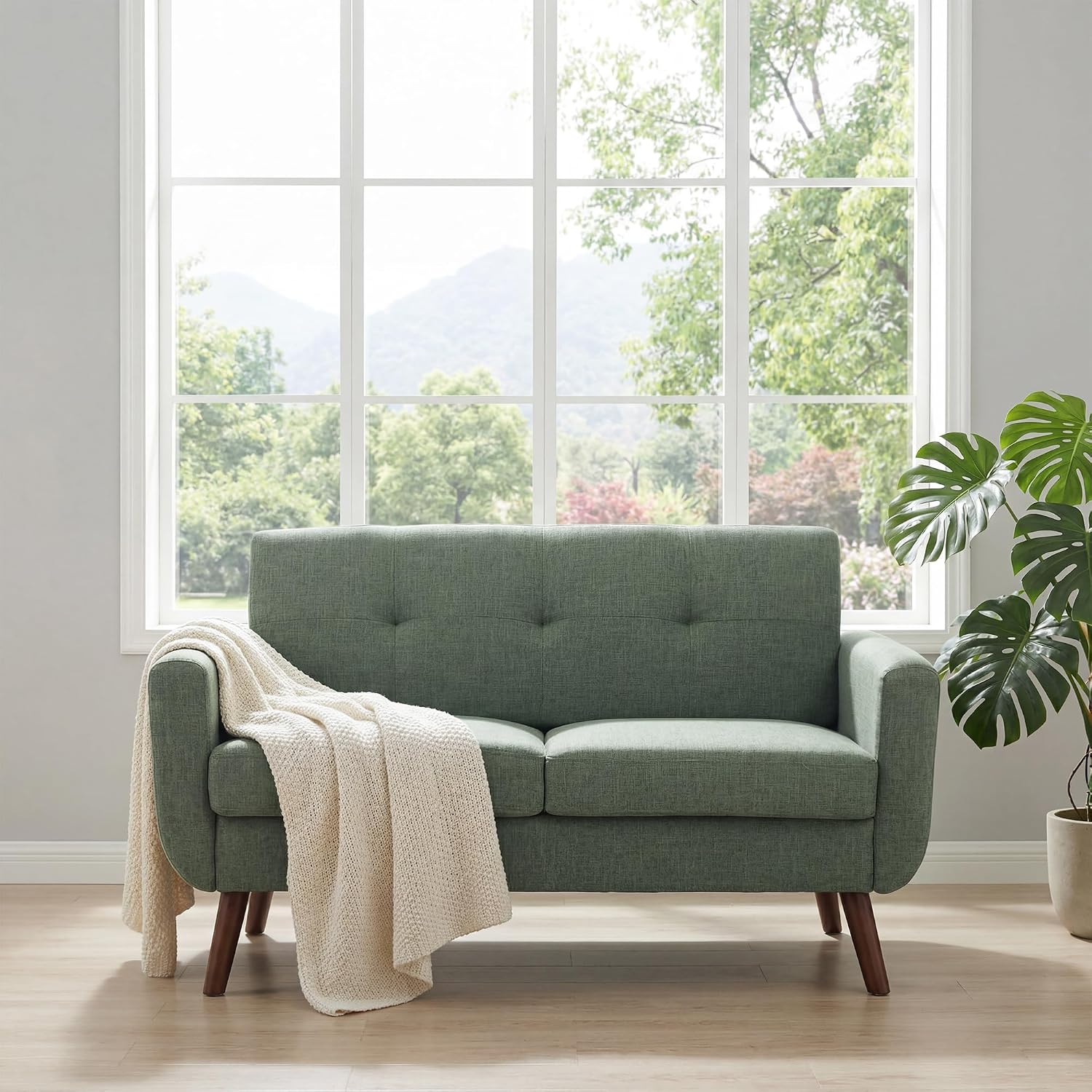 Tbfit 56' W Loveseat Sofa, Mid Century Modern Decor Love Seat Couches for Living Room, Button Tufted Upholstered Small Couch for Bedroom, Solid and Easy to Install Love Seats Furniture, Green
