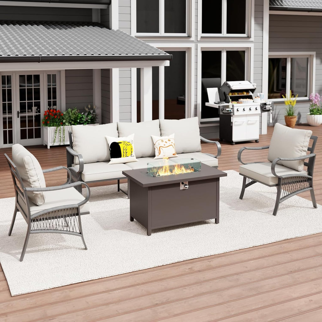 4 Piece Patio Furniture Set with 50000 BTU Propane Fire Pit Table, All Weather Metal Outdoor Conversation Sofa Set with Thick Cushions for Garden, Porch, Lawn, Beige