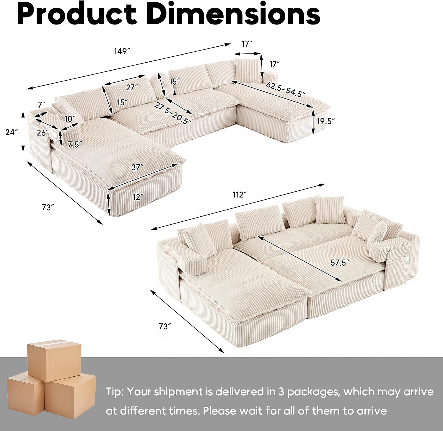 Oversized Cloud Boneless Couch with Chaise, 149' Modern U Shape Modular Deep Seat Sectional Sofa, Comfy Corduroy Upholstered Couches for Living Room, No Assembly Required, Beige White