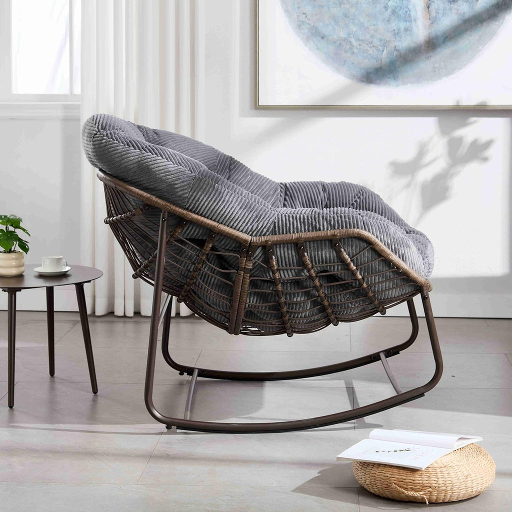 Wicker Outdoor Rocking Chair Rattan Egg Chair with Thick Cushion 30° Smooth Rocking Patio Lounge Reclining for Indoor Outdoor Use Living Room Front Porch Balcony Lawn Garden, Grey