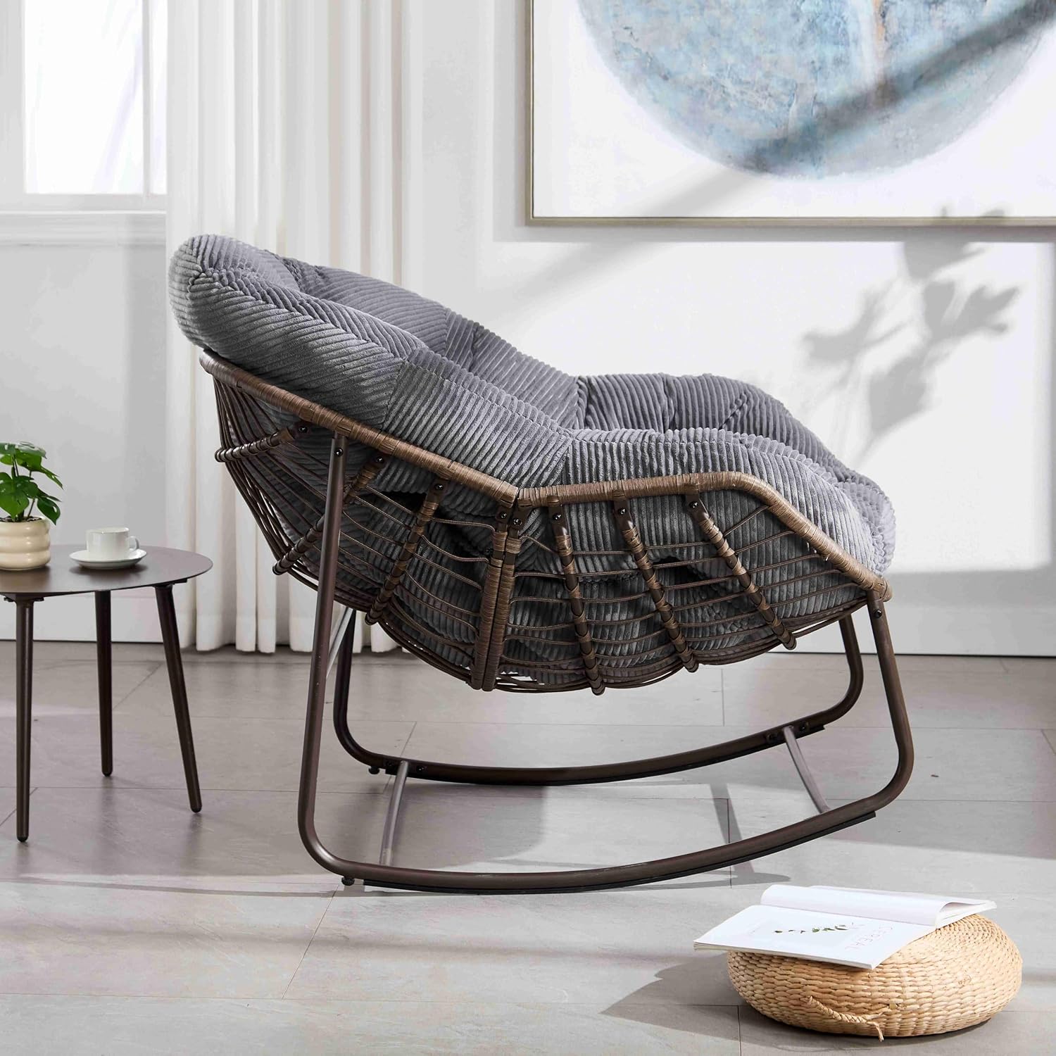 Wicker Outdoor Rocking Chair Rattan Egg Chair with Thick Cushion 30° Smooth Rocking Patio Lounge Reclining for Indoor Outdoor Use Living Room Front Porch Balcony Lawn Garden, Grey