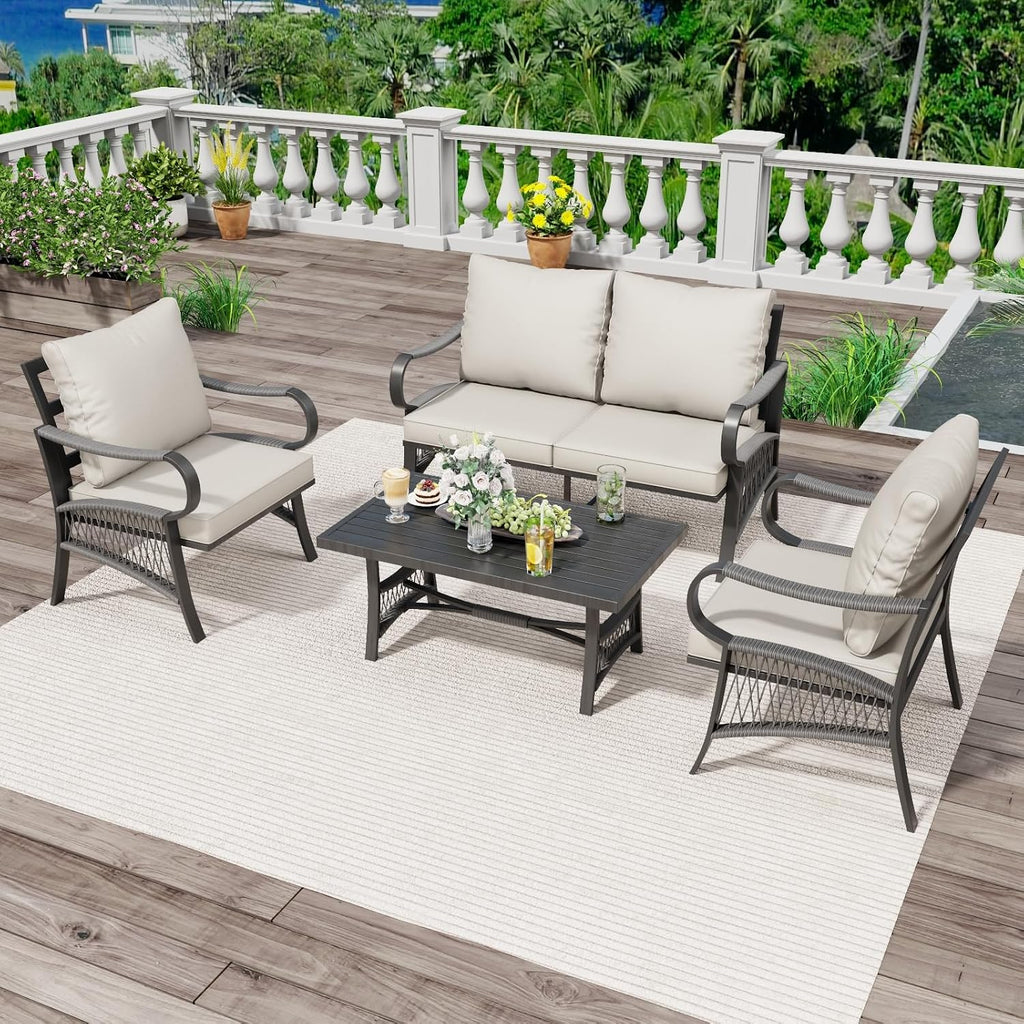 4 Piece Patio Furniture Set, All Weather Outdoor Sectional Sofa Conversation Set with Thick Cushions and Metal Coffee Table for Garden, Porch, Lawn, Beige
