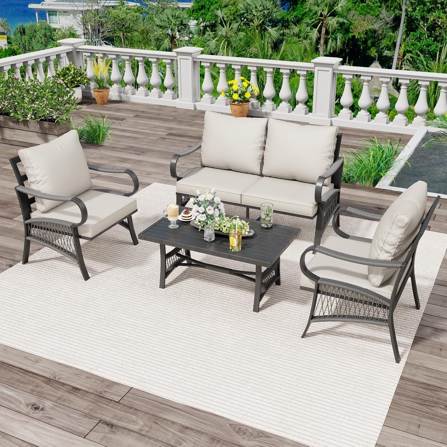 4 Piece Patio Furniture Set, All Weather Outdoor Sectional Sofa Conversation Set with Thick Cushions and Metal Coffee Table for Garden, Porch, Lawn, Beige