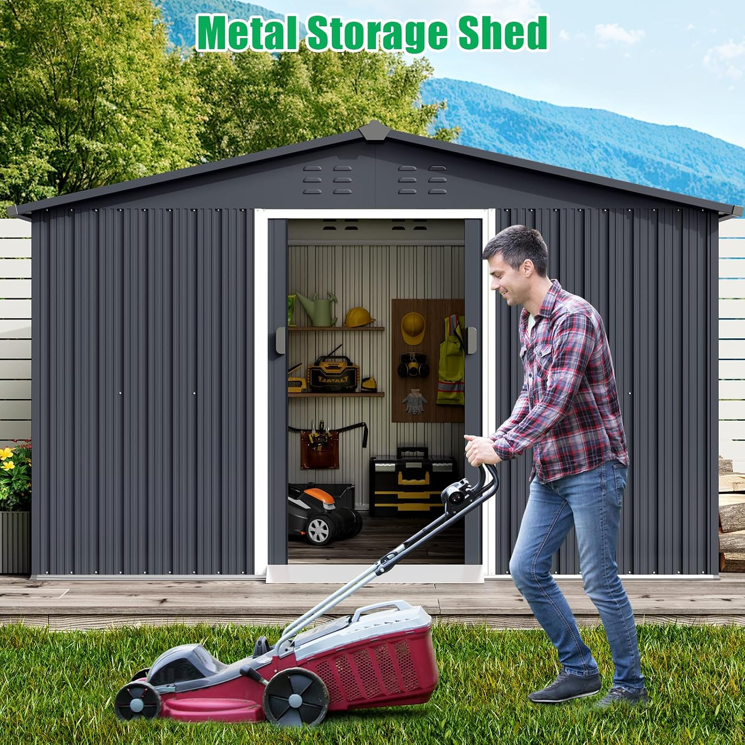 GarveeLife Outdoor Storage Shed 12 x 10 ft, Outdoor Tool Metal Shed with Lockable Door, Air Vents and Sloping Roof, Metal Aluminum Waterproof Tool Sheds for Yard, Garden, Patio, Garage, Lawn, Gray