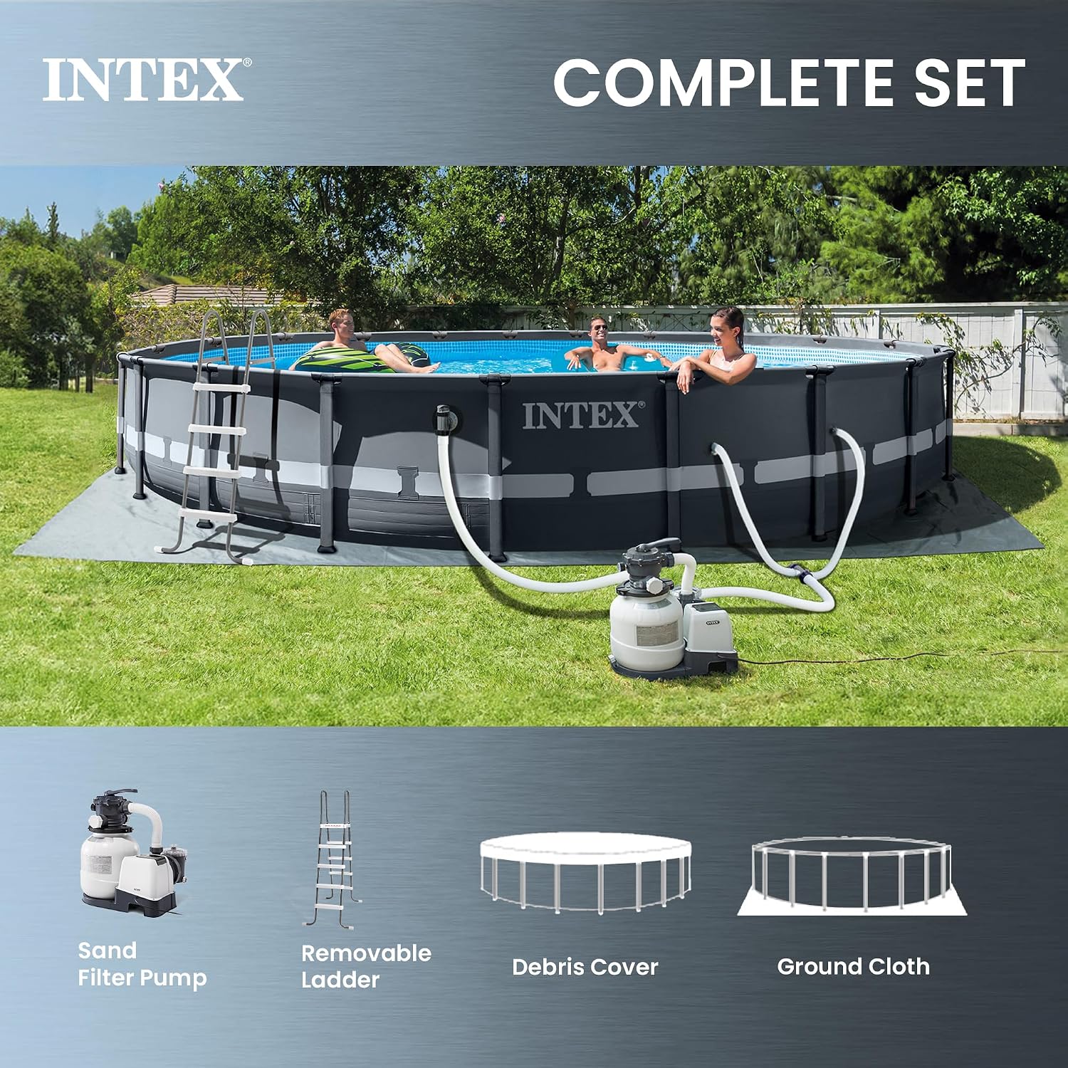 Intex 26333EH Ultra XTR 20ft x 48in Above Ground Swimming Pool Set with Sand Filter Pump, Inflatable Lounge Pool Recliners (2-Pack) and Inflatable Beverage Cooler
