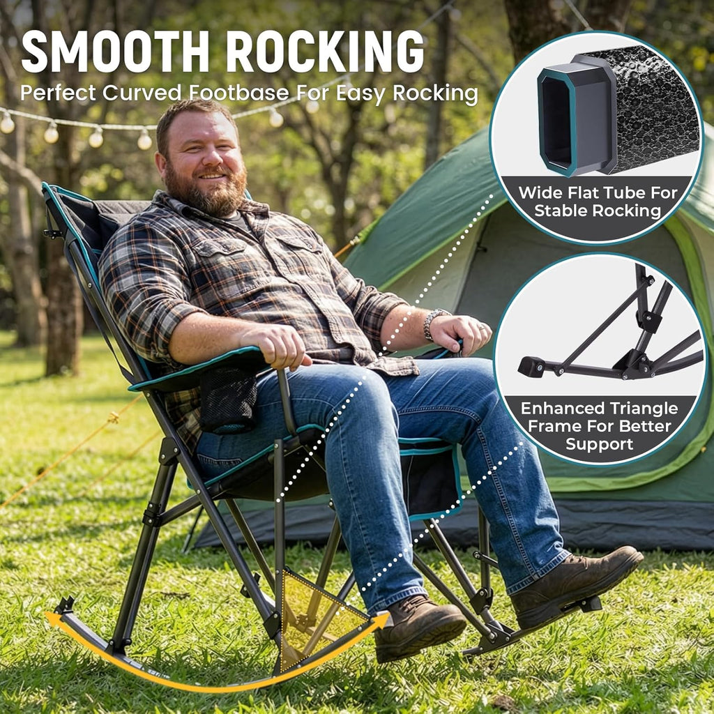 FUNDANGO Oversized Rocking Camping Chair for Adults, 2 Pack High Back Padded Folding Lawn Chairs with Pillows, Wide Armrest, 2 Cup Holders, Carry Bag for Patio Garden Outdoor Supports 440Lbs