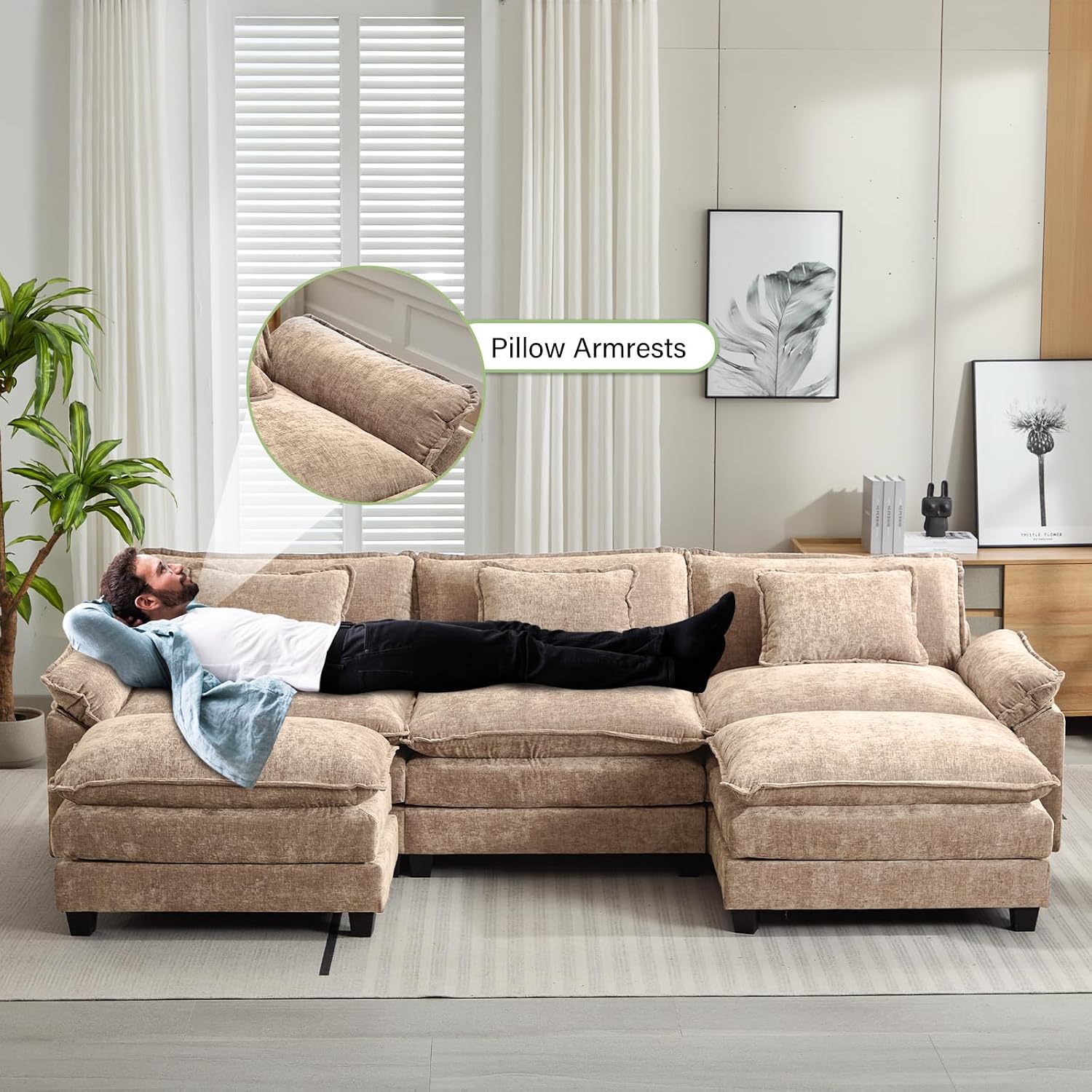 Oprisen 120' Modular Sectional Sofa, Comfy Cloud Couch Sectional Sofa with Ottoman, Chenille Sofa Sleeper Deep Seat Sofa with Throw Pillows for Living Room (Khaki, 120'- U Shape)