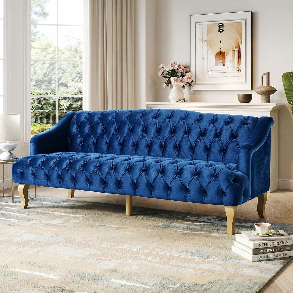 Wine Red Modern Velvet Loveseat Sofa Couch, 73' Mid - Century Tufted Upholstered Small Love Seat Couch, Curved High Back 3-Seats Couches for Compact Space, Living Room, Apartment (Dark Blue)