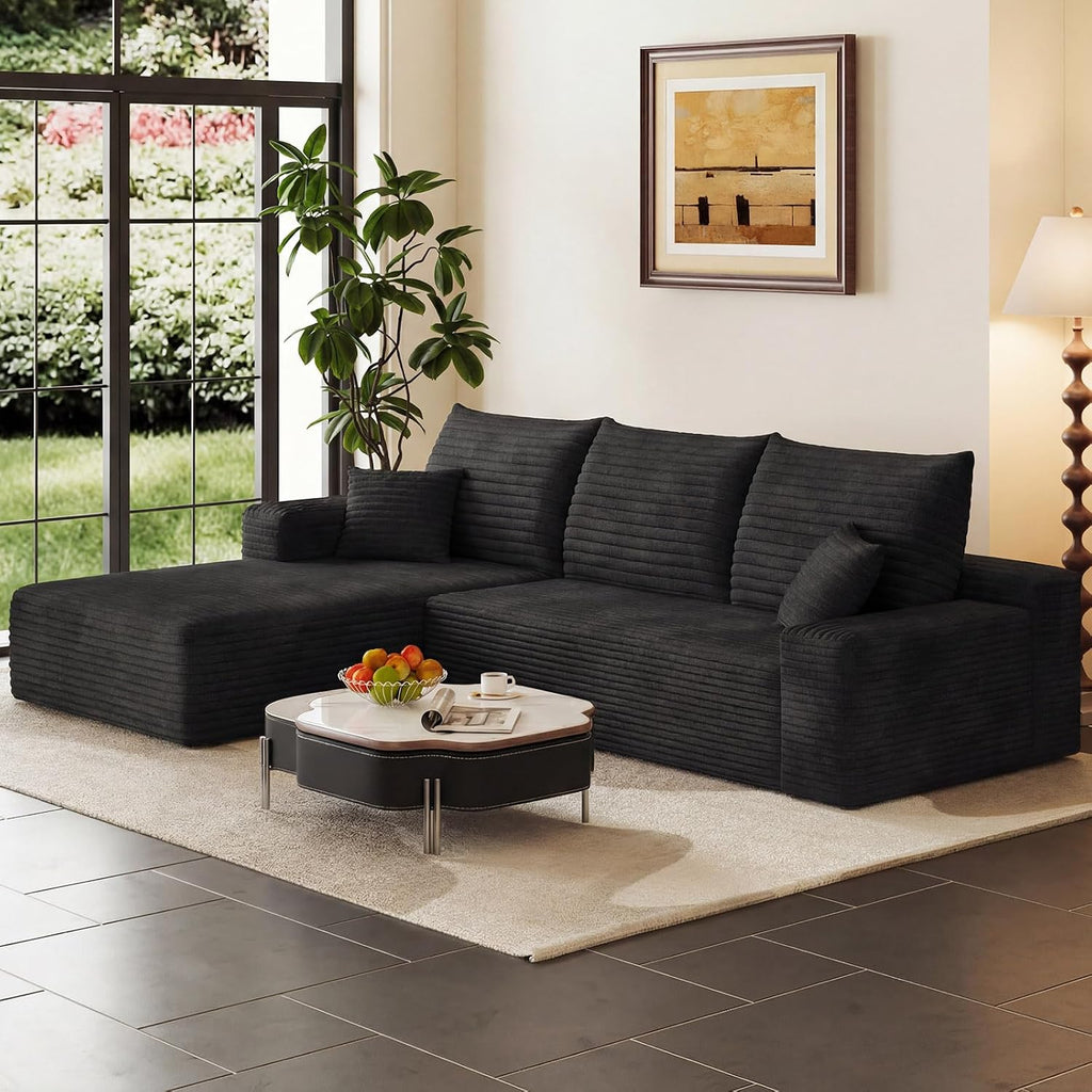 95' Cloud Sectional Couch with L-Shape Chaise, Modern Corduroy Boneless Couch for Living Room,Memory Foam Sofa with Deep Seat,No Assembly Required (Black,Left-Facing Chaise)