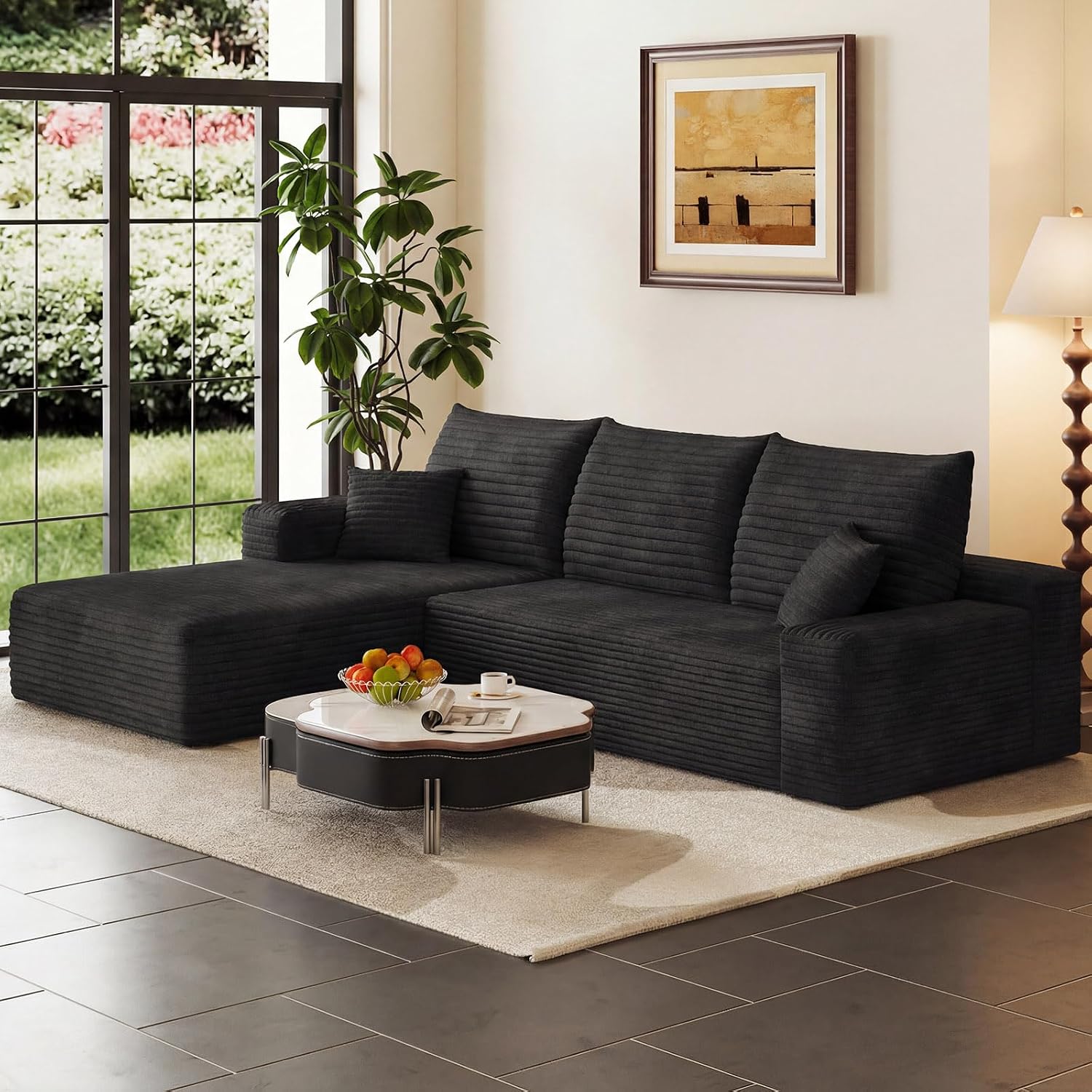 95' Cloud Sectional Couch with L-Shape Chaise, Modern Corduroy Boneless Couch for Living Room,Memory Foam Sofa with Deep Seat,No Assembly Required (Black,Left-Facing Chaise)