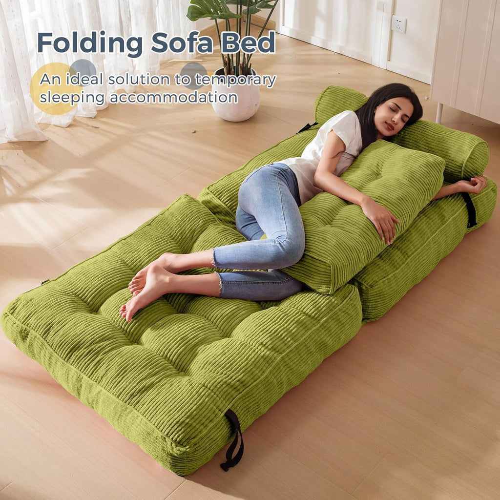MAXYOYO Folding Sofa Bed, Convertible Sleeper Chair with Pillow Foldable Mattress with Back Support, Portable Fold Out Chair Bed Comfy Floor Sofa Lounge for Living Room Bedroom, Beige, Green