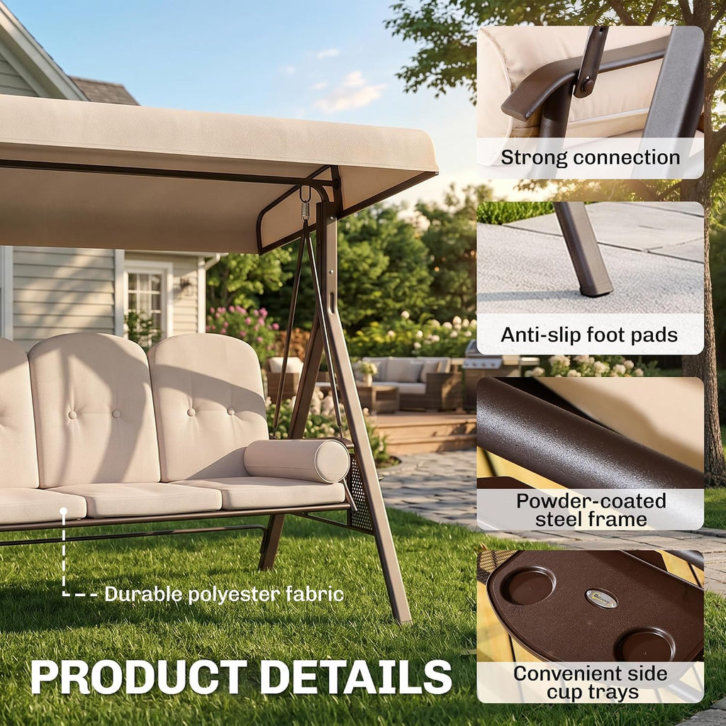 Outsunny 3-Seat Patio Swing Chair, Outdoor Porch Swing Glider with Adjustable Canopy, Removable Cushion, Pillows and Side Trays, for Garden, Poolside, Backyard, Beige