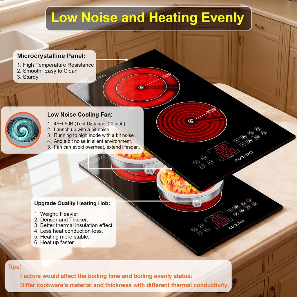 Dual Heating Coil Design of 2 Burner Electric Cooktop, 1800W Commercial Ceramic Infrared Cooking Hot Plate, Portable Countertop or Built-in Radiant Stove Top Cooker with WATT and TEMP Control