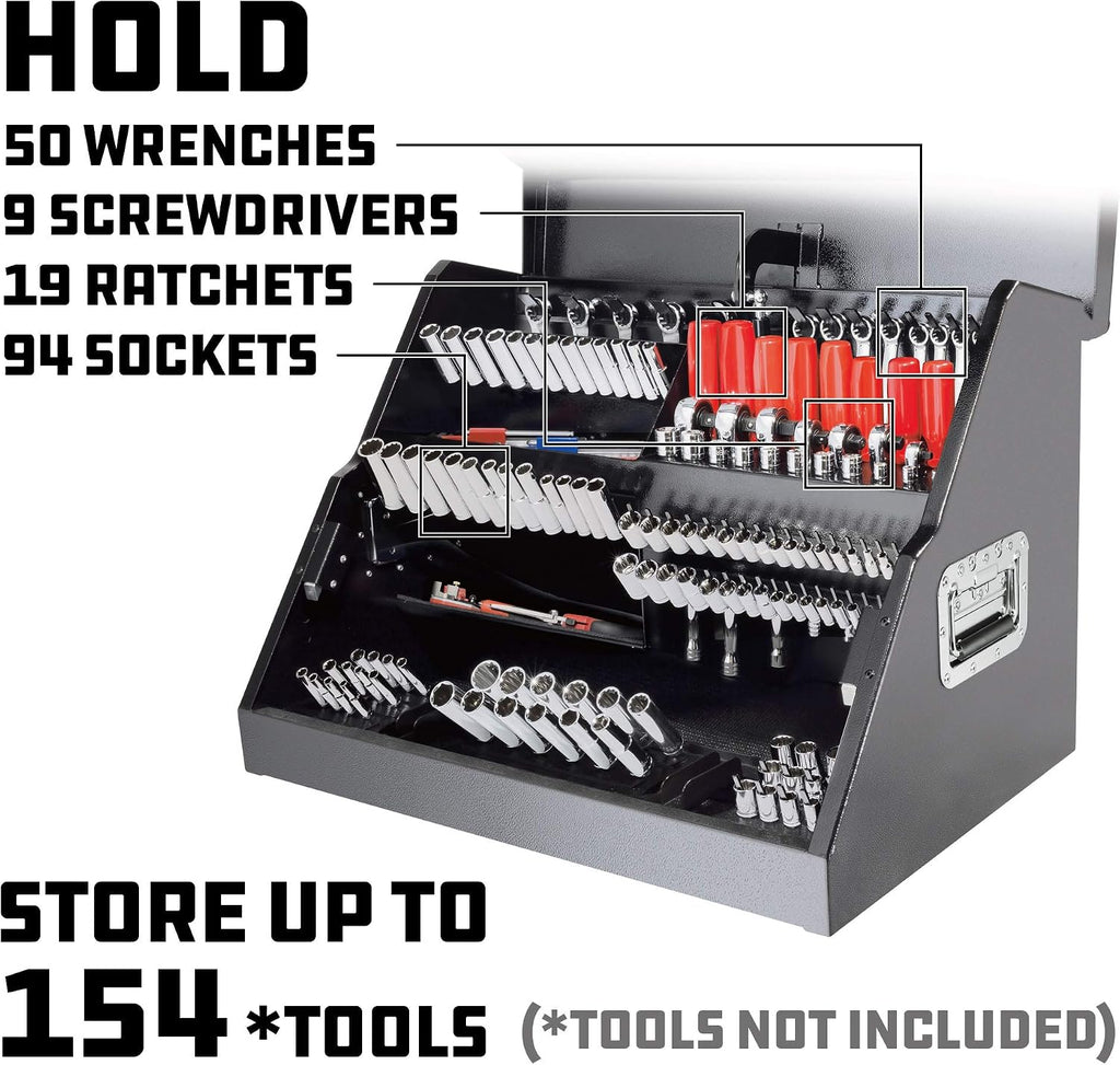Powerbuilt 26 Inch Portable Slant Front Rapid Toolbox Tiered Tool Holders, 16 Gauge Steel, Weather-Resistant Lockable Magnetic Lid, Grey - 240102