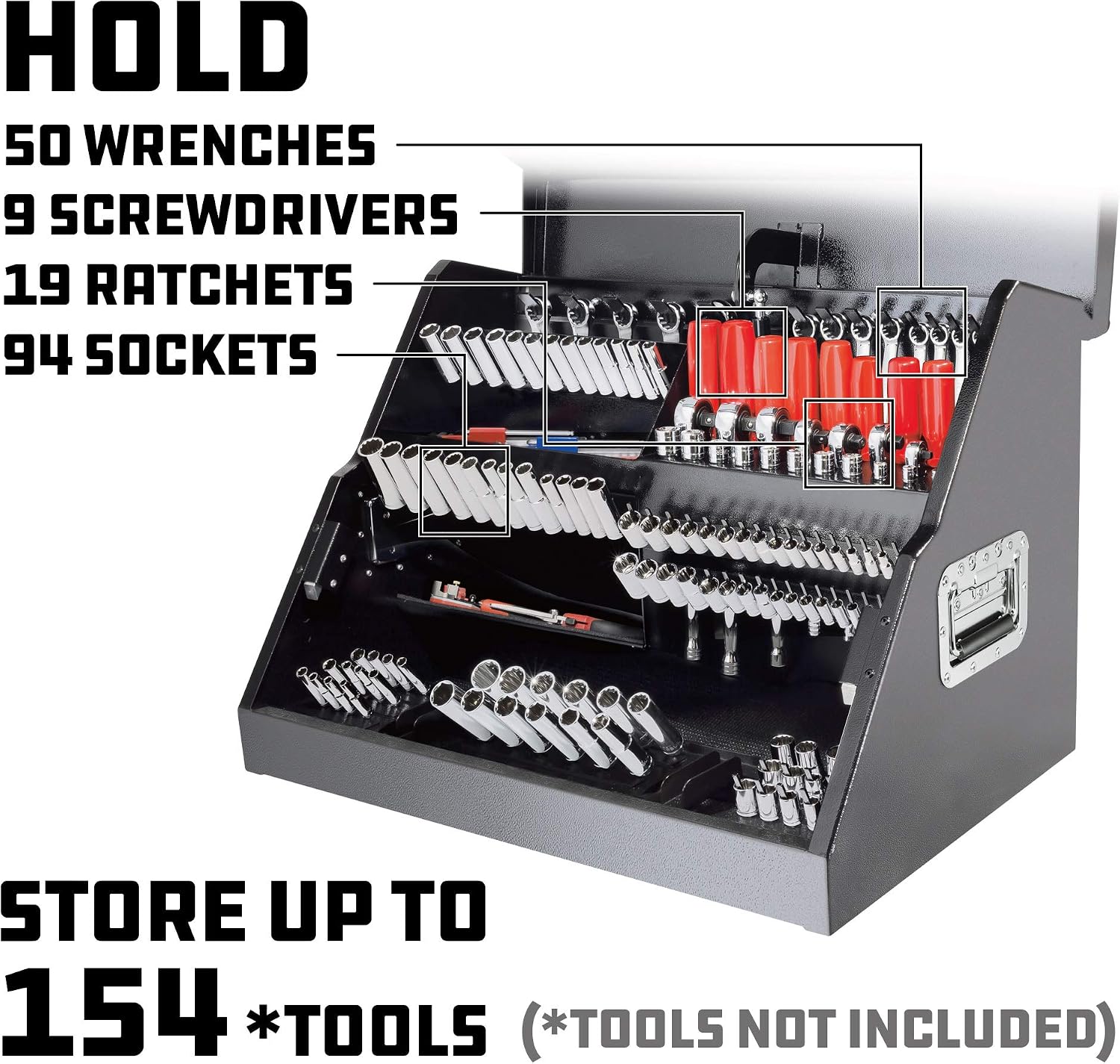 Powerbuilt 26 Inch Portable Slant Front Rapid Toolbox Tiered Tool Holders, 16 Gauge Steel, Weather-Resistant Lockable Magnetic Lid, Grey - 240102