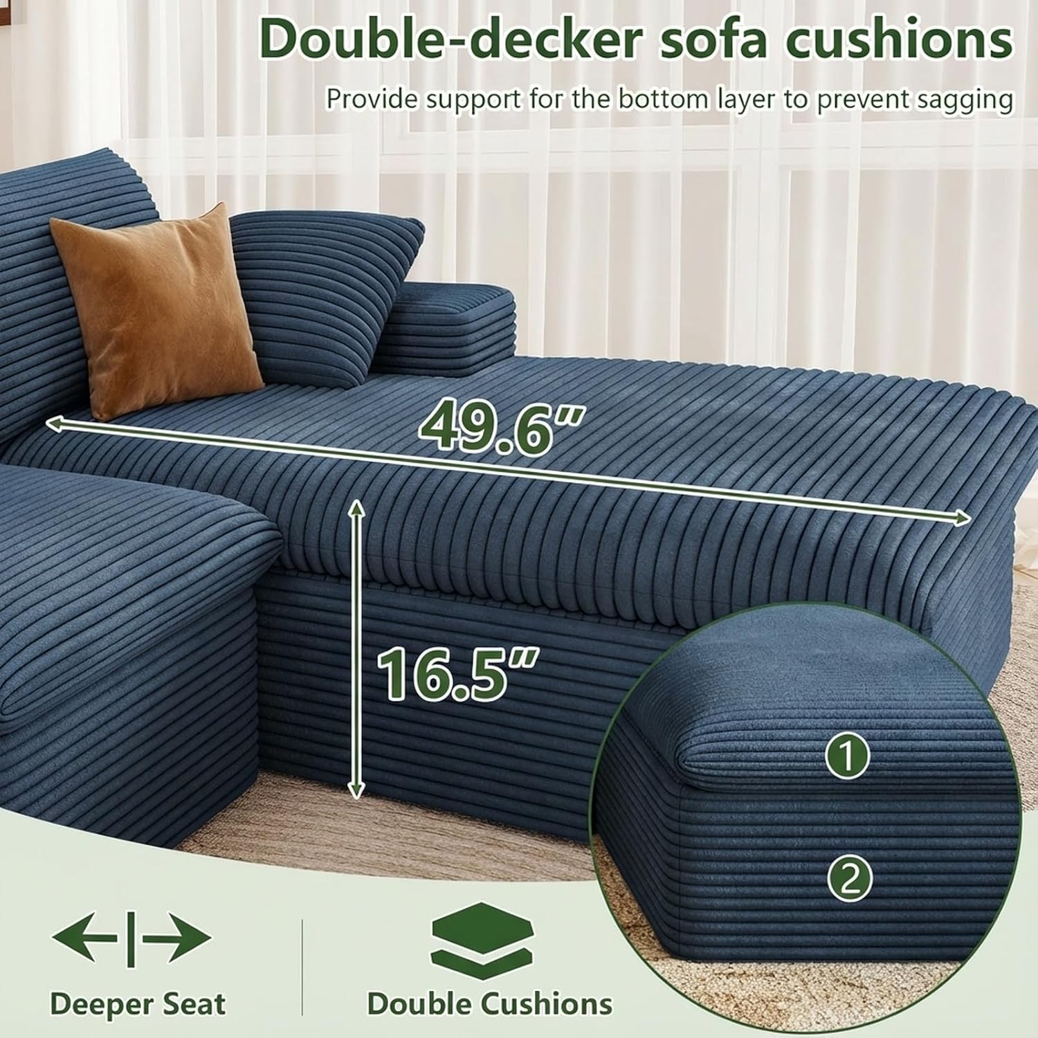 107' Cloud Couch Modular Sectional Sofa for Living Room, L-Shape Boneless Couch with Deep Seat, Modern Corduroy 3-Seater, No Assembly Required (Blue,Right-Facing Chaise)