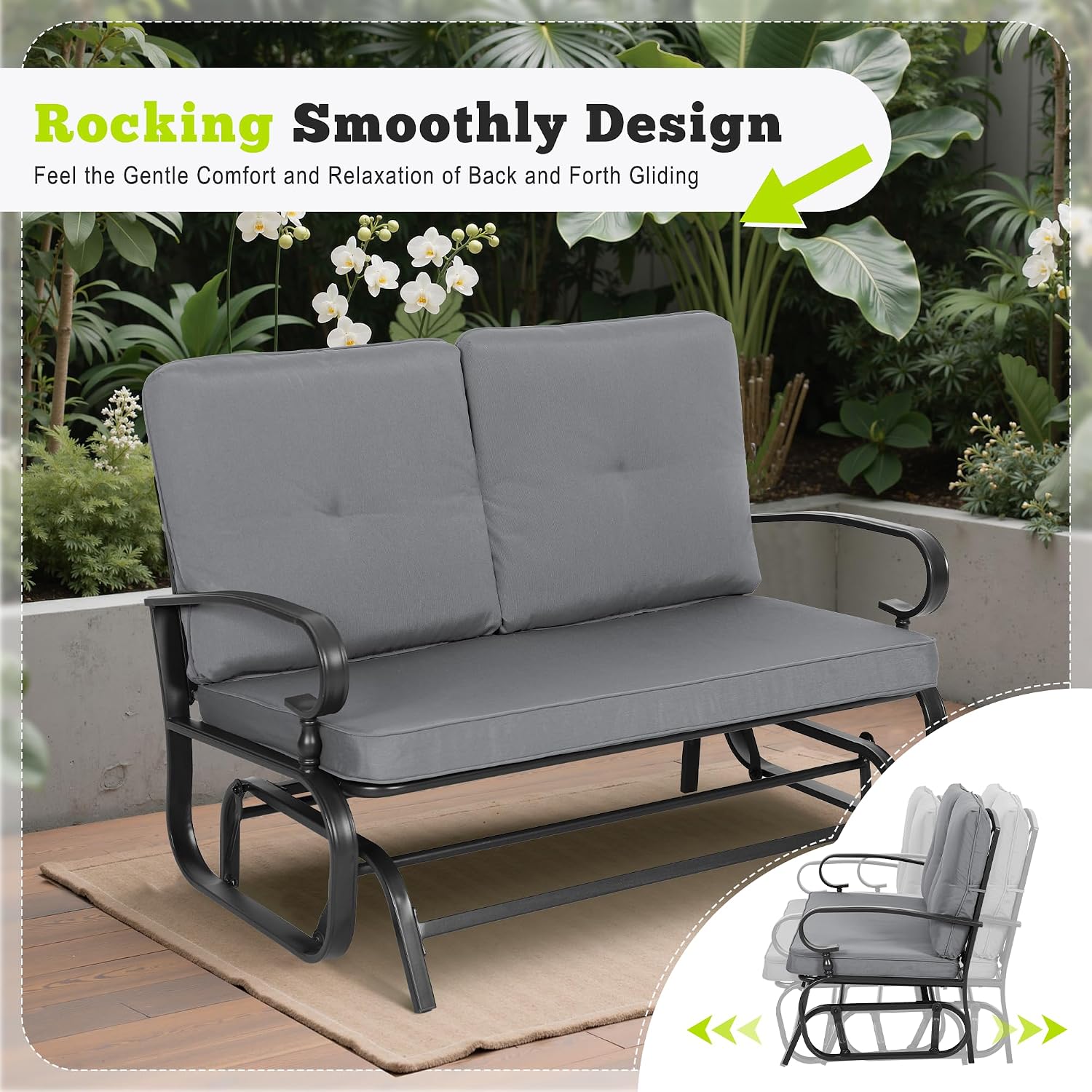 SUNCROWN Outdoor Swing Glider Chair, Patio 2 Seats Loveseat Rocking Chair with Cushions, Steel Frame Furniture Garden Seating with Cushion - Grey