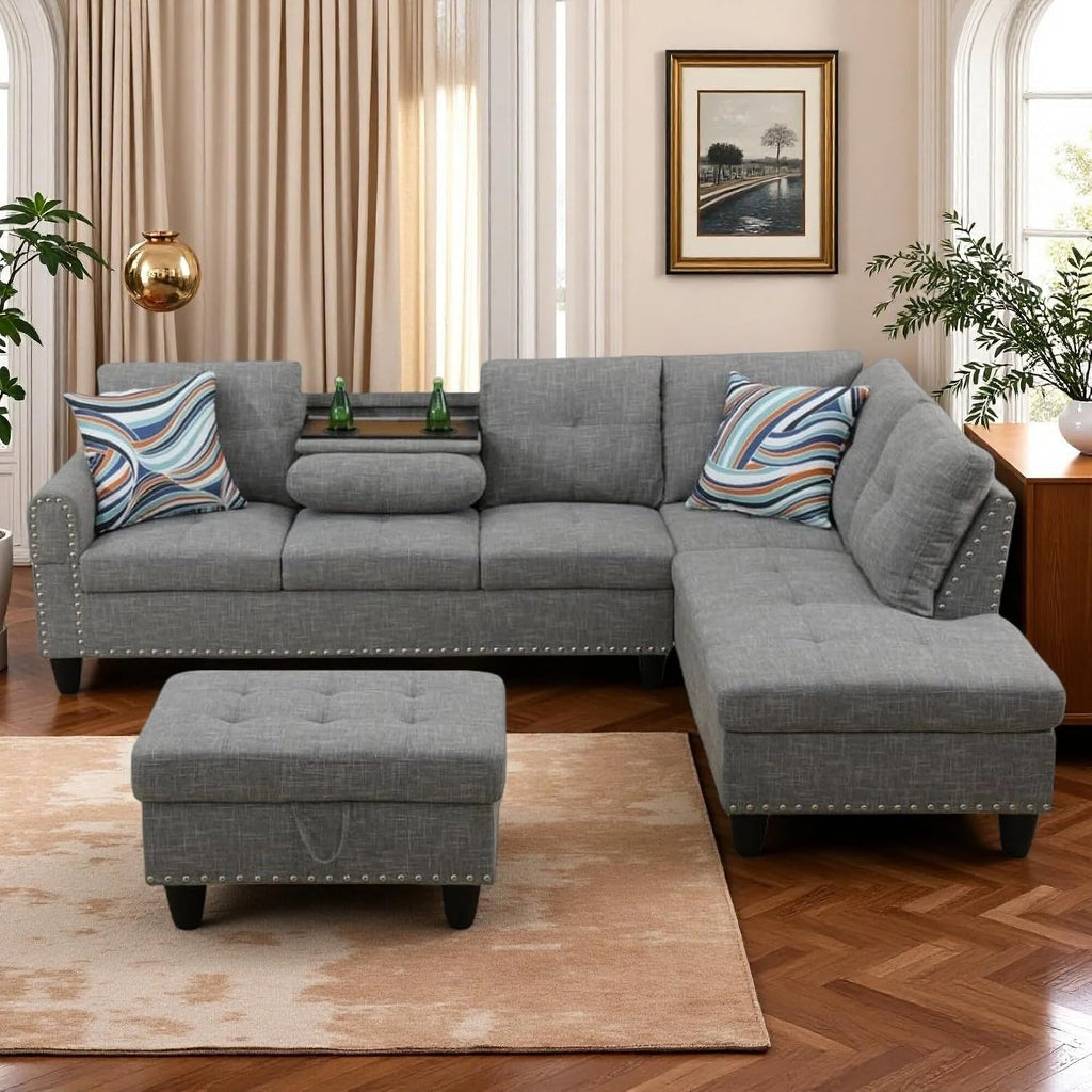 L Shaped Couches for Living Room, Sectional Couch Living Room Furniture with Storage Ottoman, Modular Sectional Sofa with Movable Chaise for Apartment Office, Deep Grey