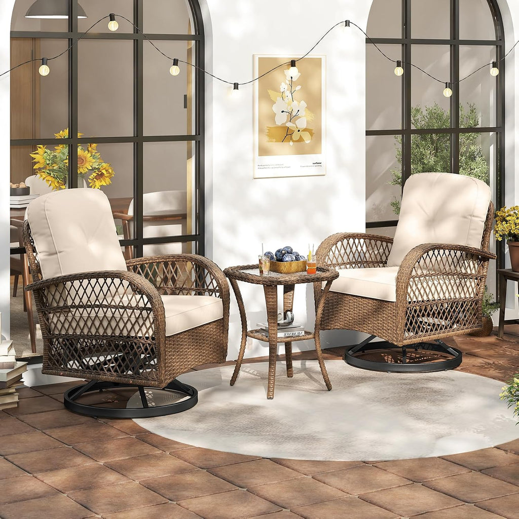 ORALNER 3 Pieces Wicker 360° Swivel Rocker Set Patio Furniture, Rocking Chairs with Cushions, Tempered Glass Coffee Table, Outdoor Rattan Bistro Set for Balcony Front Porch Deck Poolside (Beige)